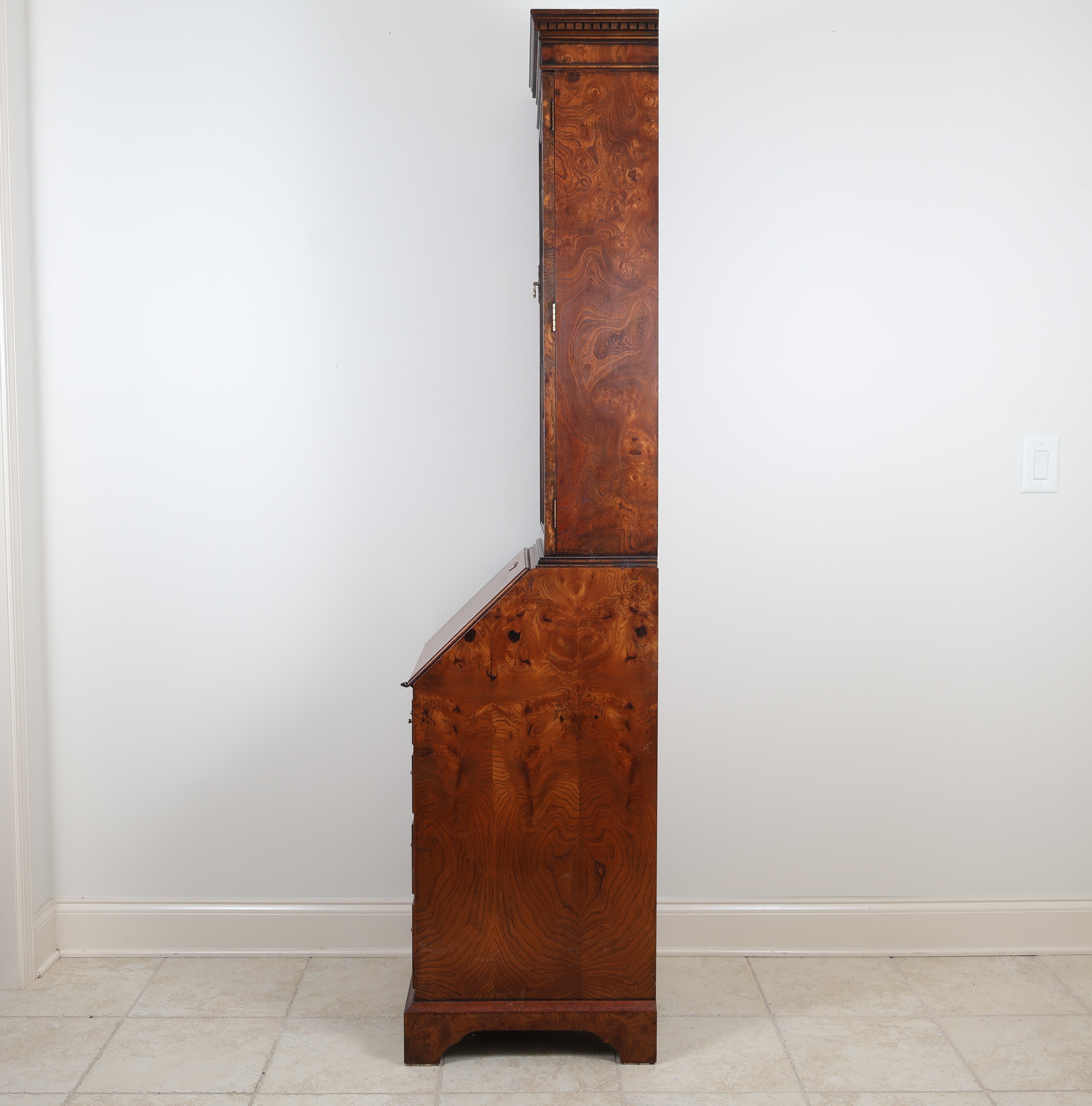 George III Style Narrow Burr Walnut Bureau Bookcase