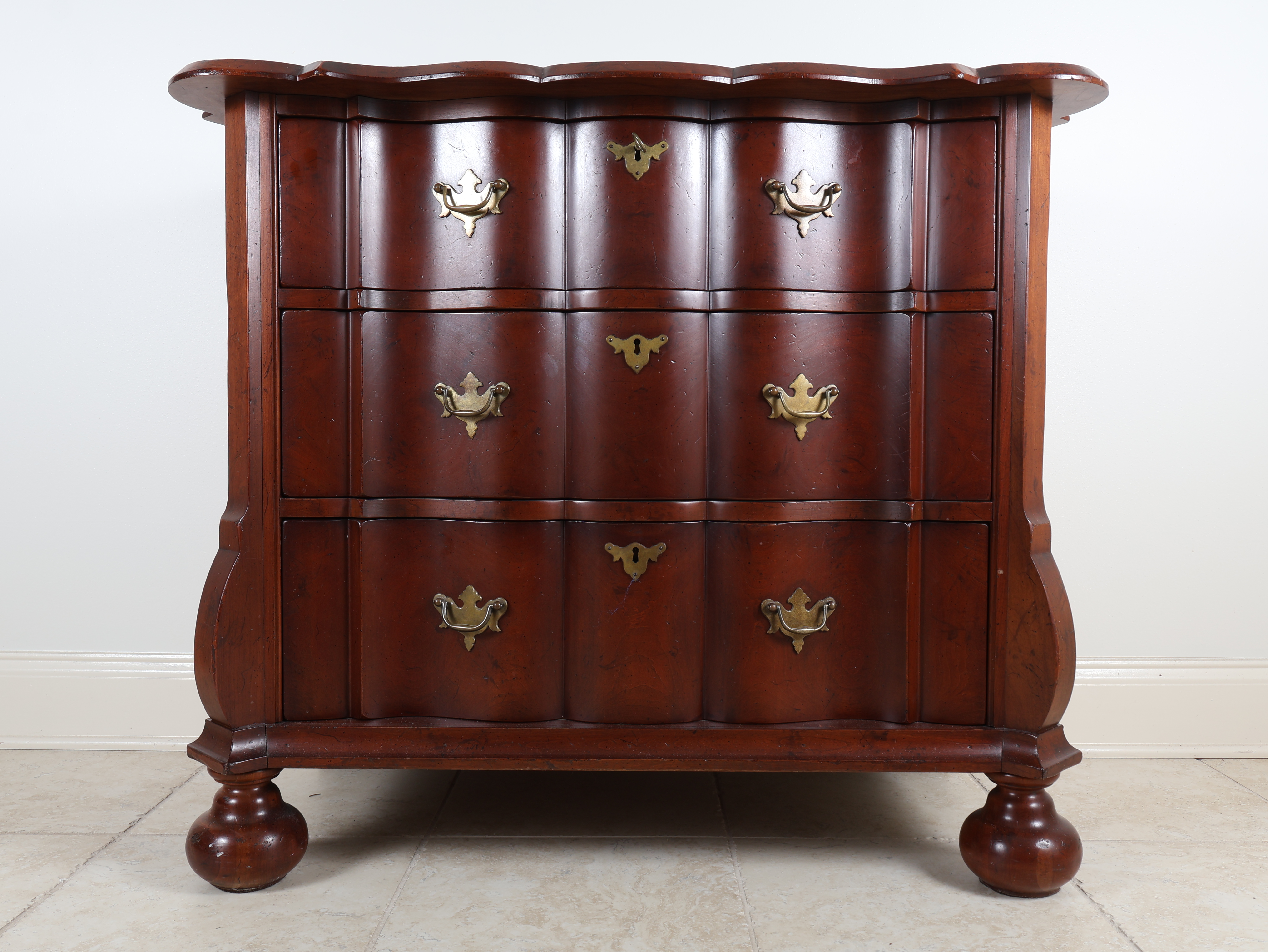 Mahogany Dutch Baroque Style Three Drawer Bombe Bachelor Chest