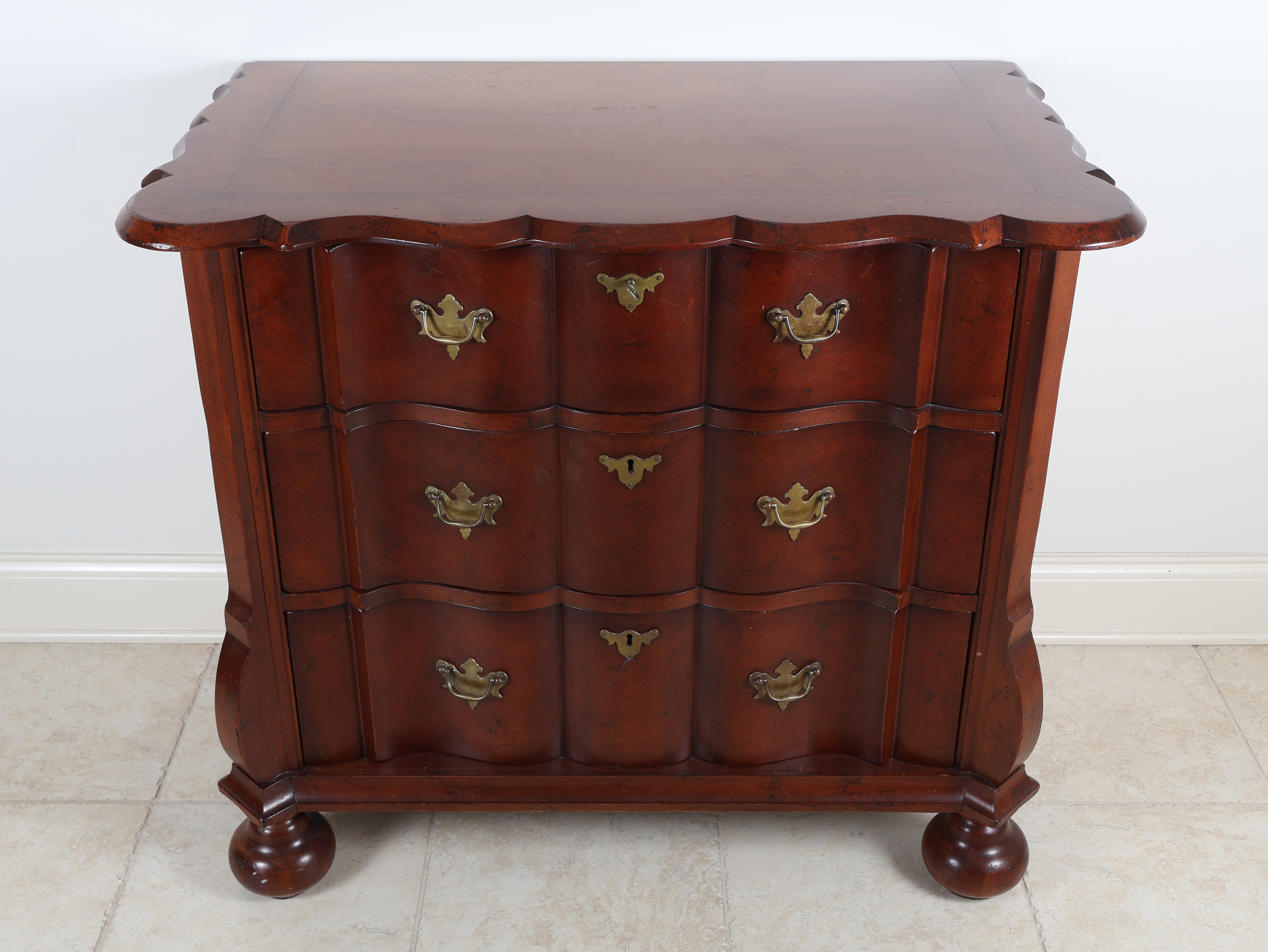 Mahogany Dutch Baroque Style Three Drawer Bombe Bachelor Chest