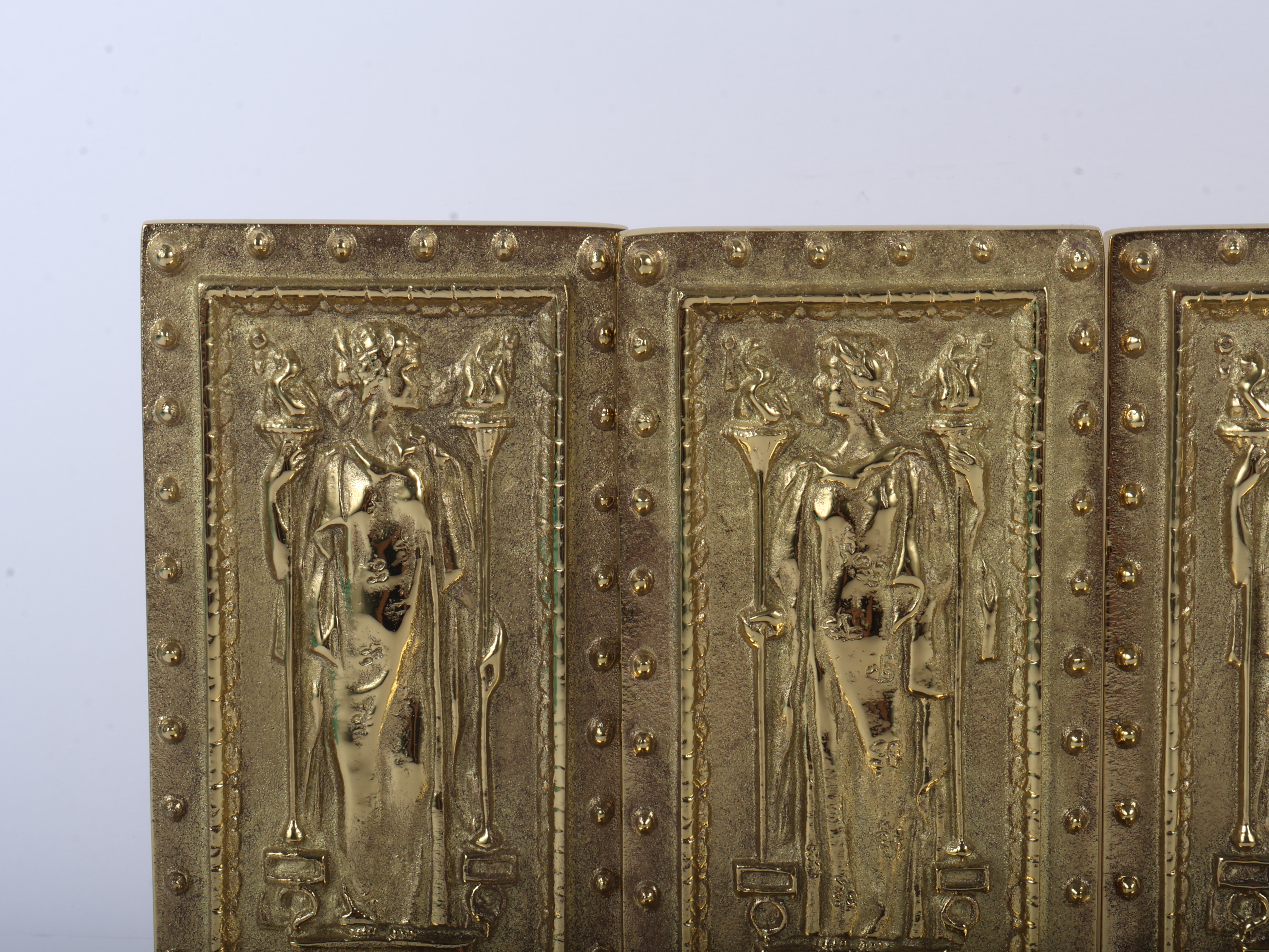 A Set of Virginia Metalcrafters Polished Solid Brass Bookends Including Library of Congress and Celtic Knot Patterns