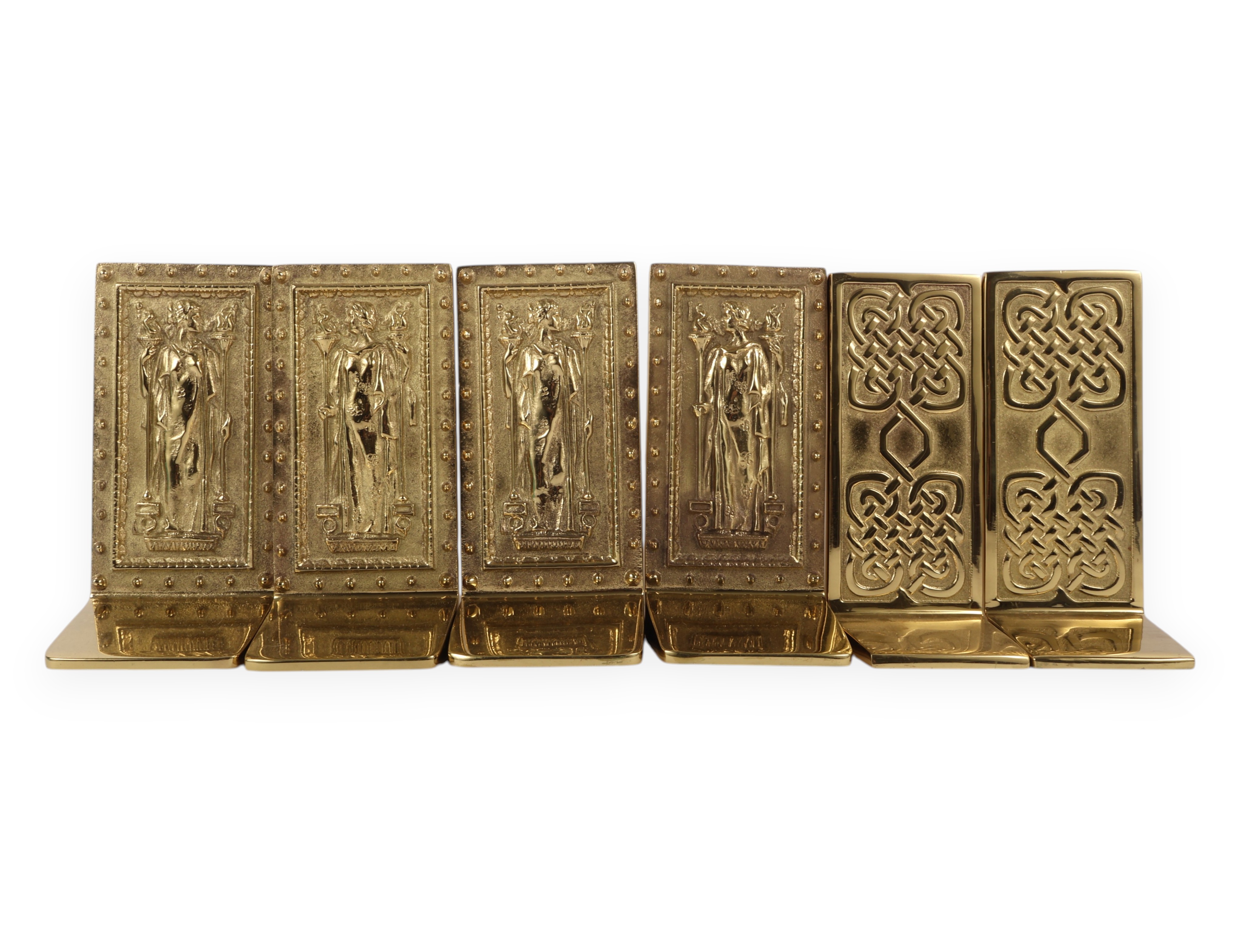 A Set of Virginia Metalcrafters Polished Solid Brass Bookends Including Library of Congress and Celtic Knot Patterns