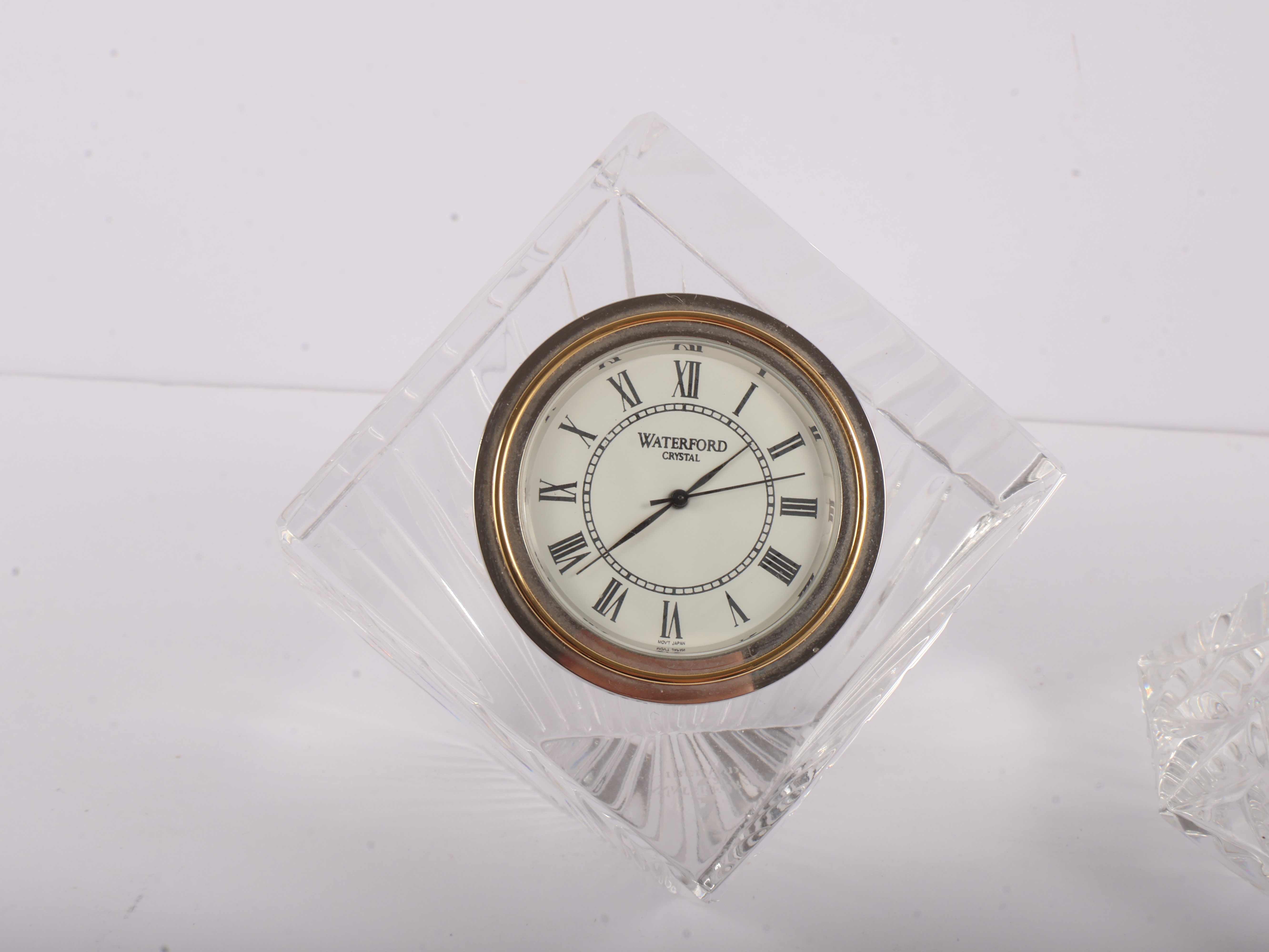 A Trio of Waterford Crystal Decorative Objects Including a Meridian Desk Clock