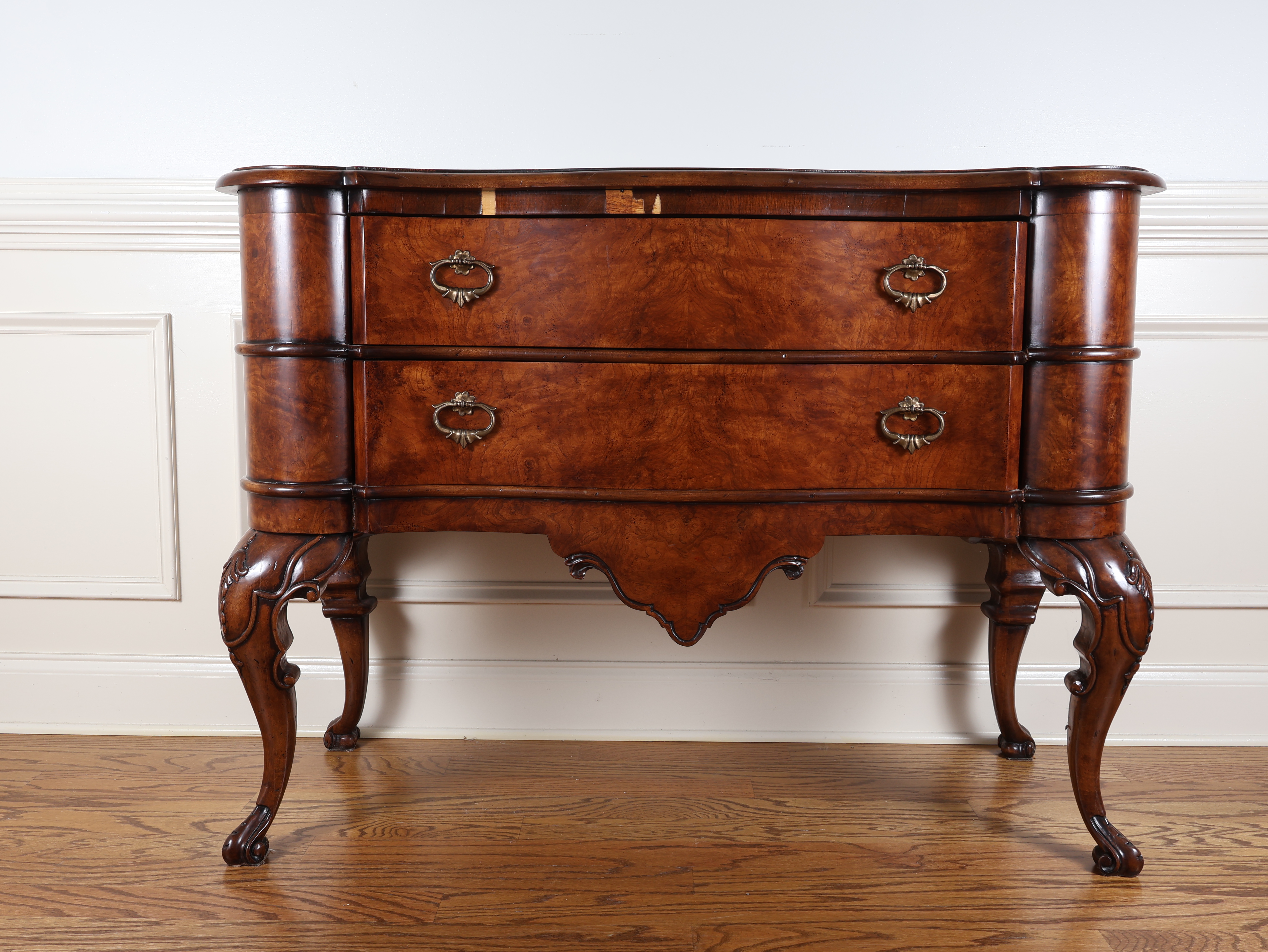 Louis XV Style Two Drawer Burled Wood Bombe Commode
