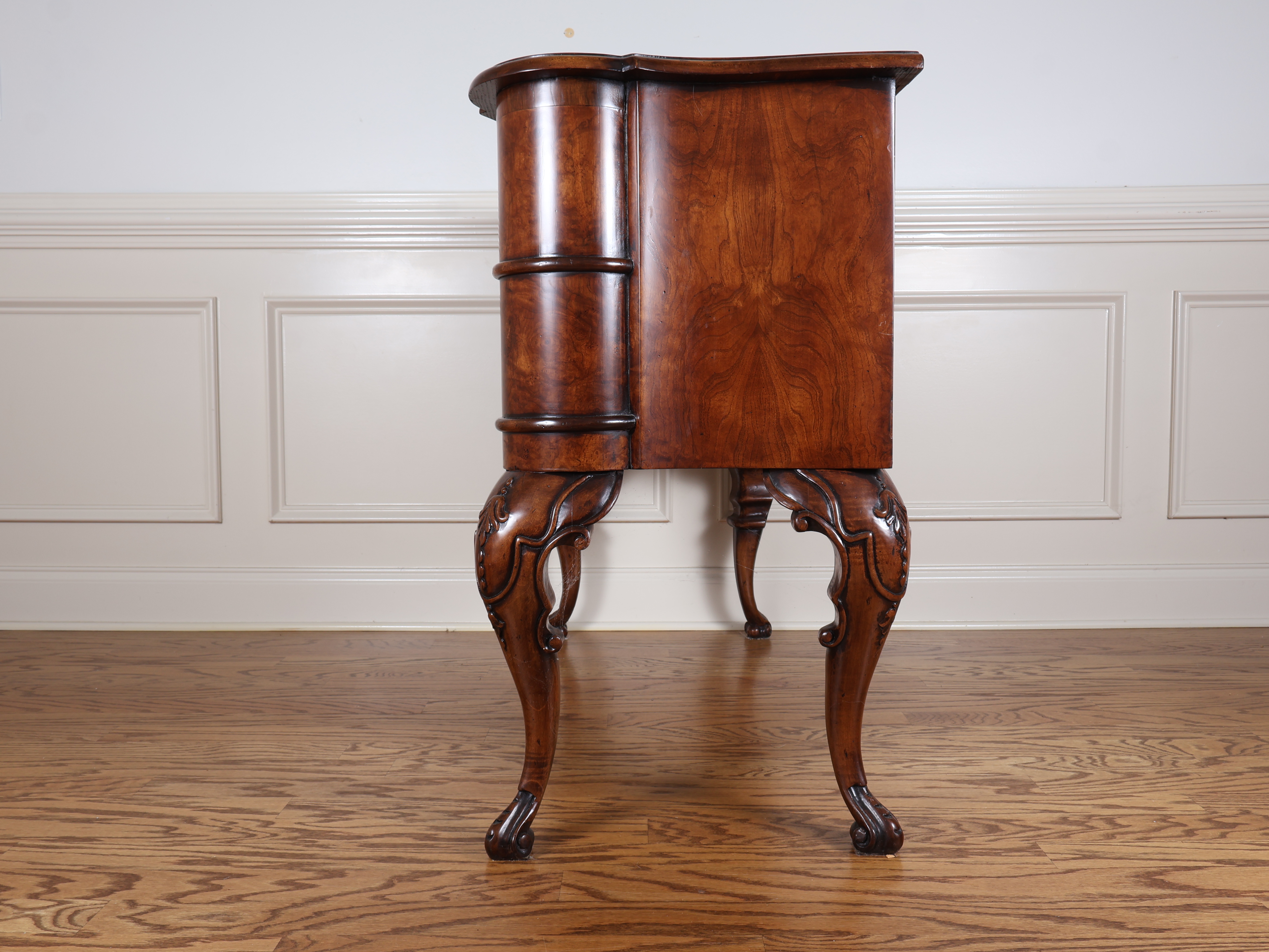Louis XV Style Two Drawer Burled Wood Bombe Commode
