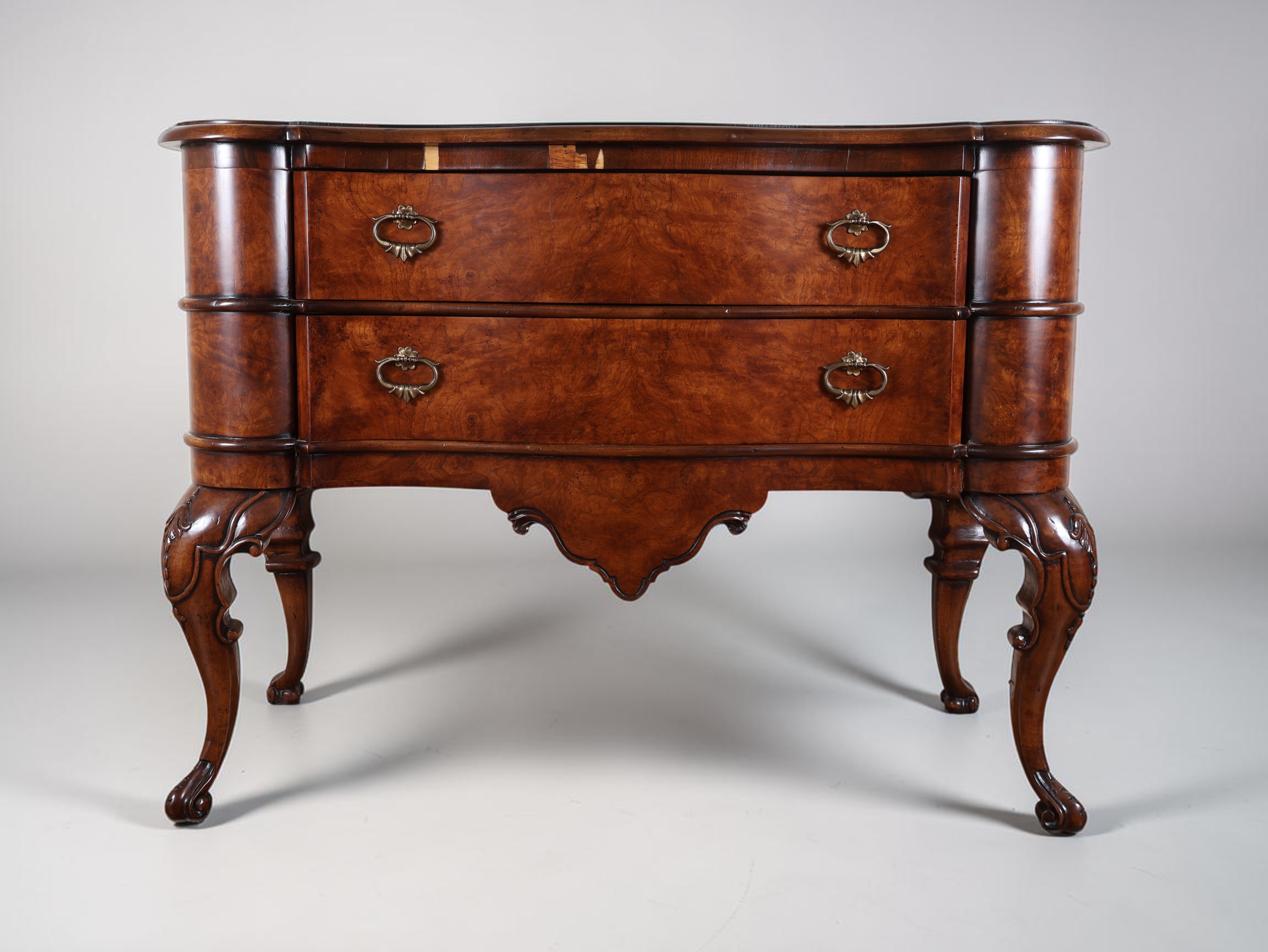 Louis XV Style Two Drawer Burled Wood Bombe Commode