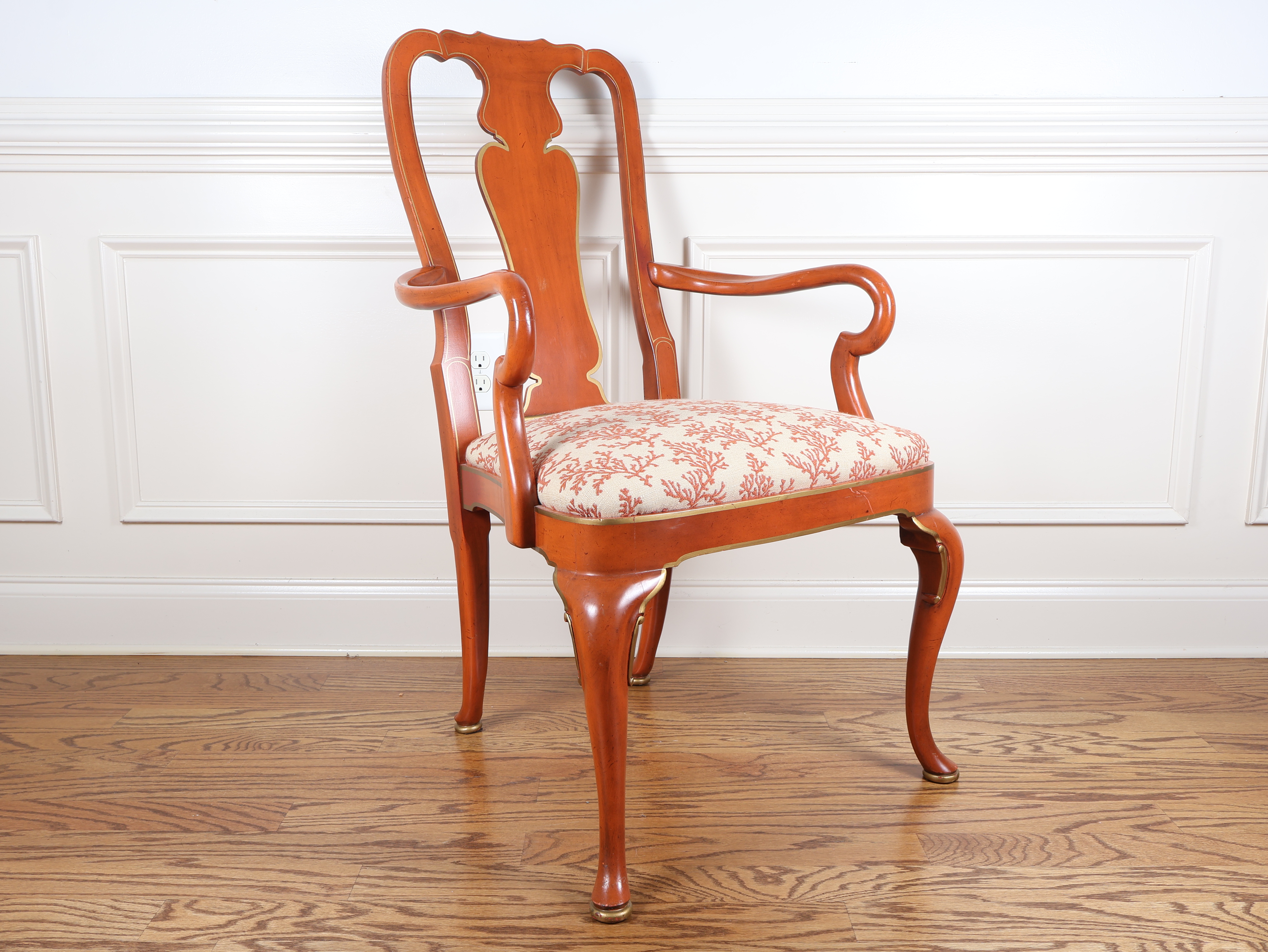 Set of Six Queen Anne Style Coral Lacquered Dining Armchairs