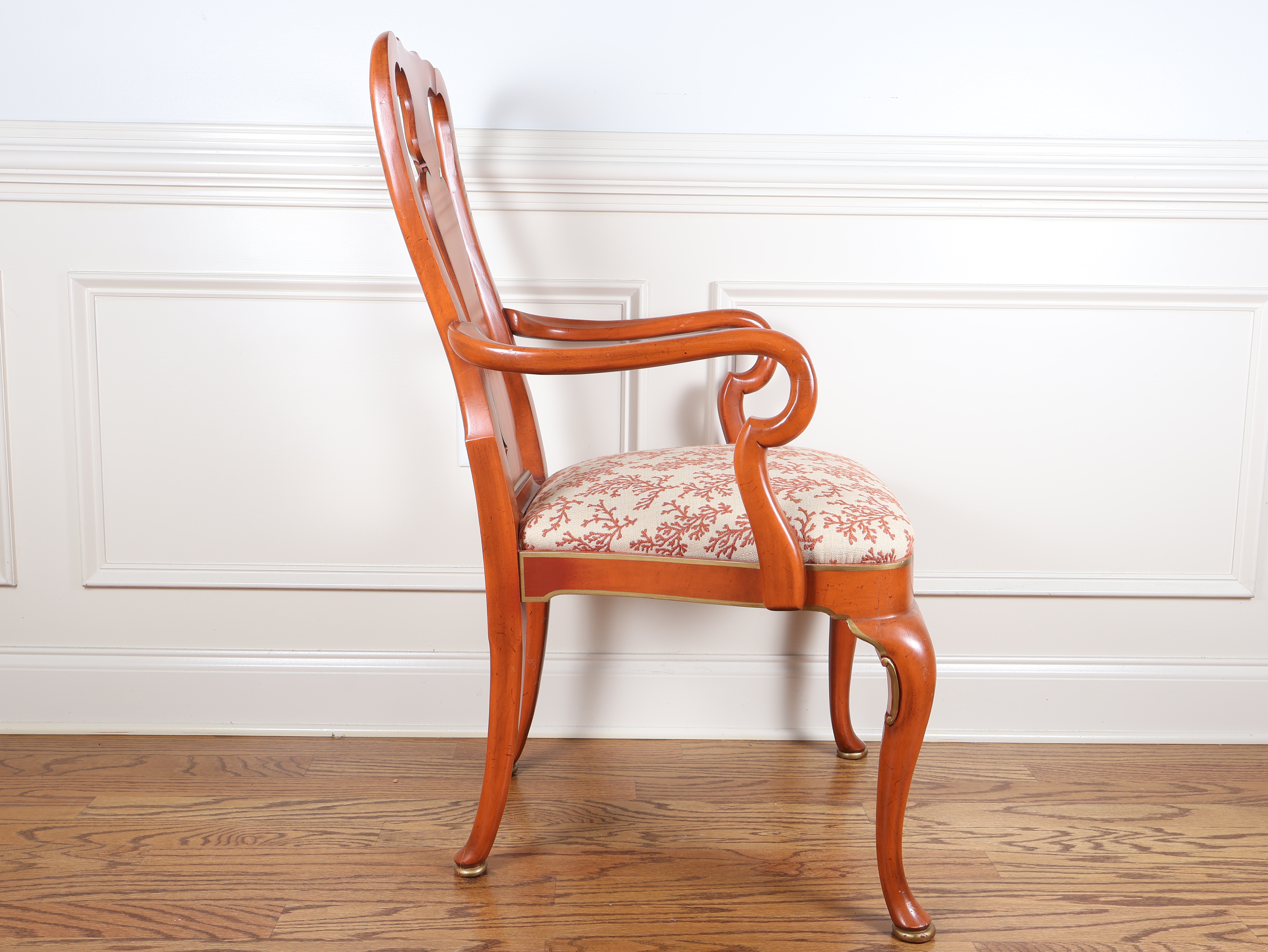 Set of Six Queen Anne Style Coral Lacquered Dining Armchairs