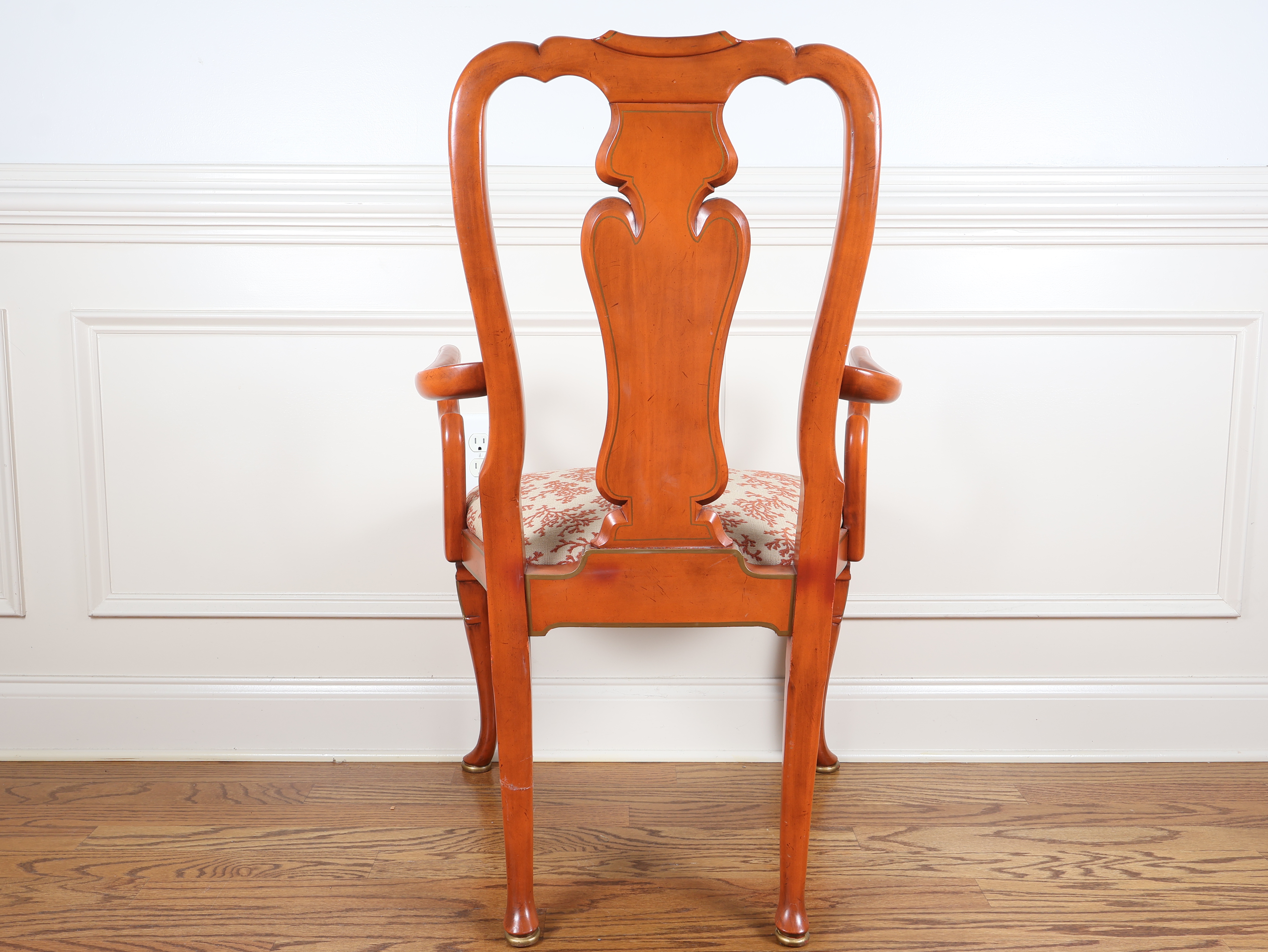 Set of Six Queen Anne Style Coral Lacquered Dining Armchairs