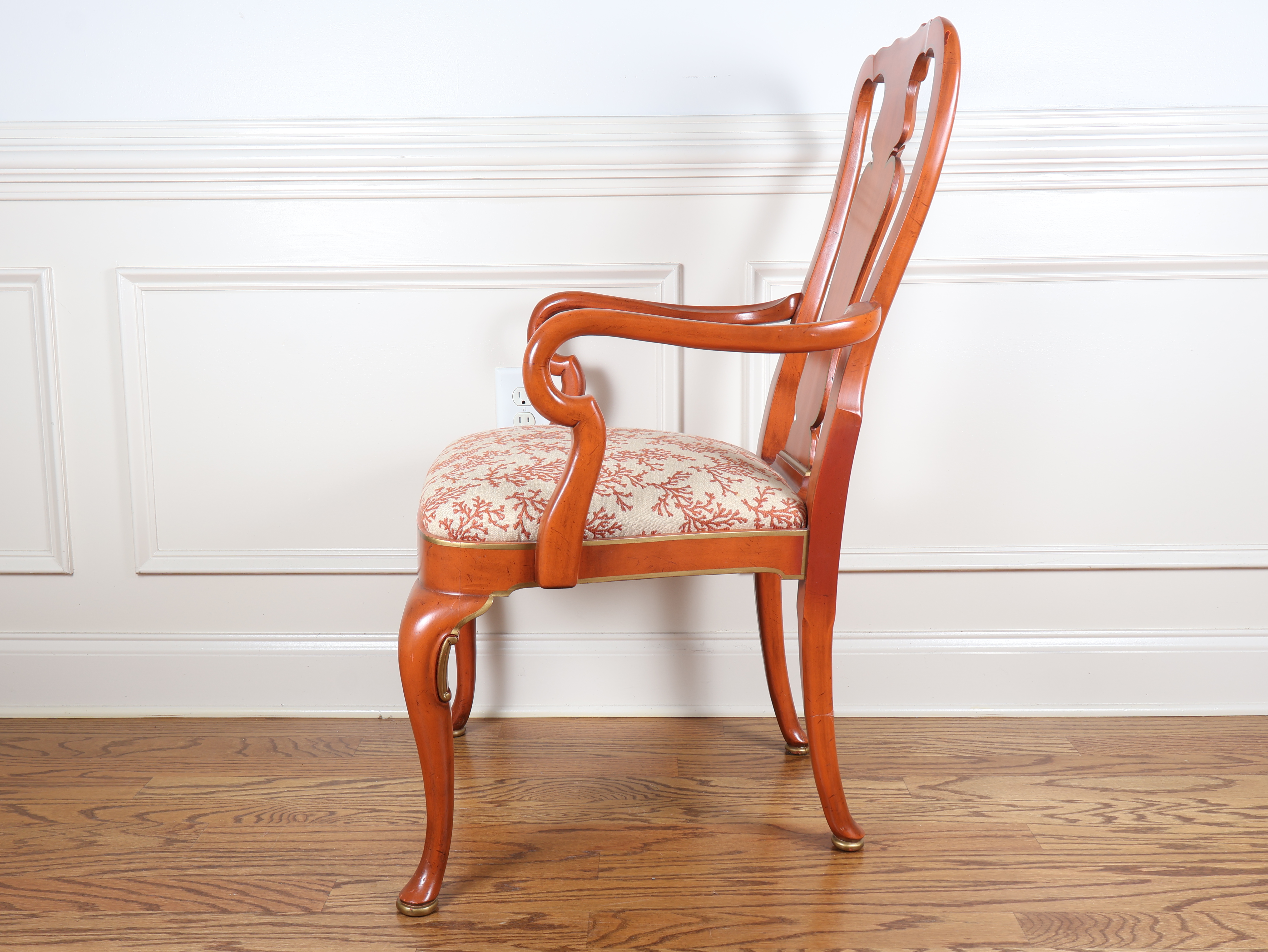 Set of Six Queen Anne Style Coral Lacquered Dining Armchairs