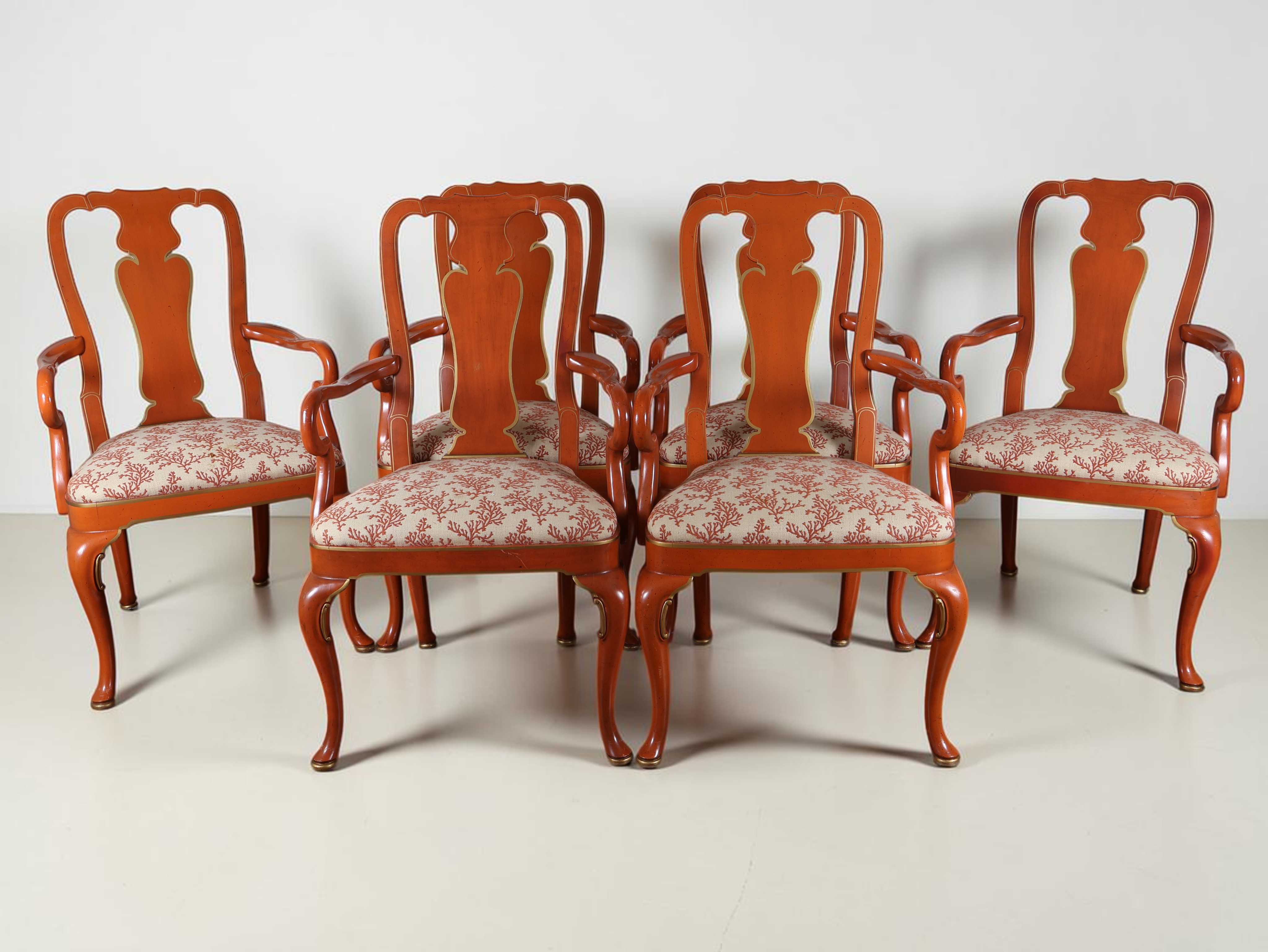 Set of Six Queen Anne Style Coral Lacquered Dining Armchairs