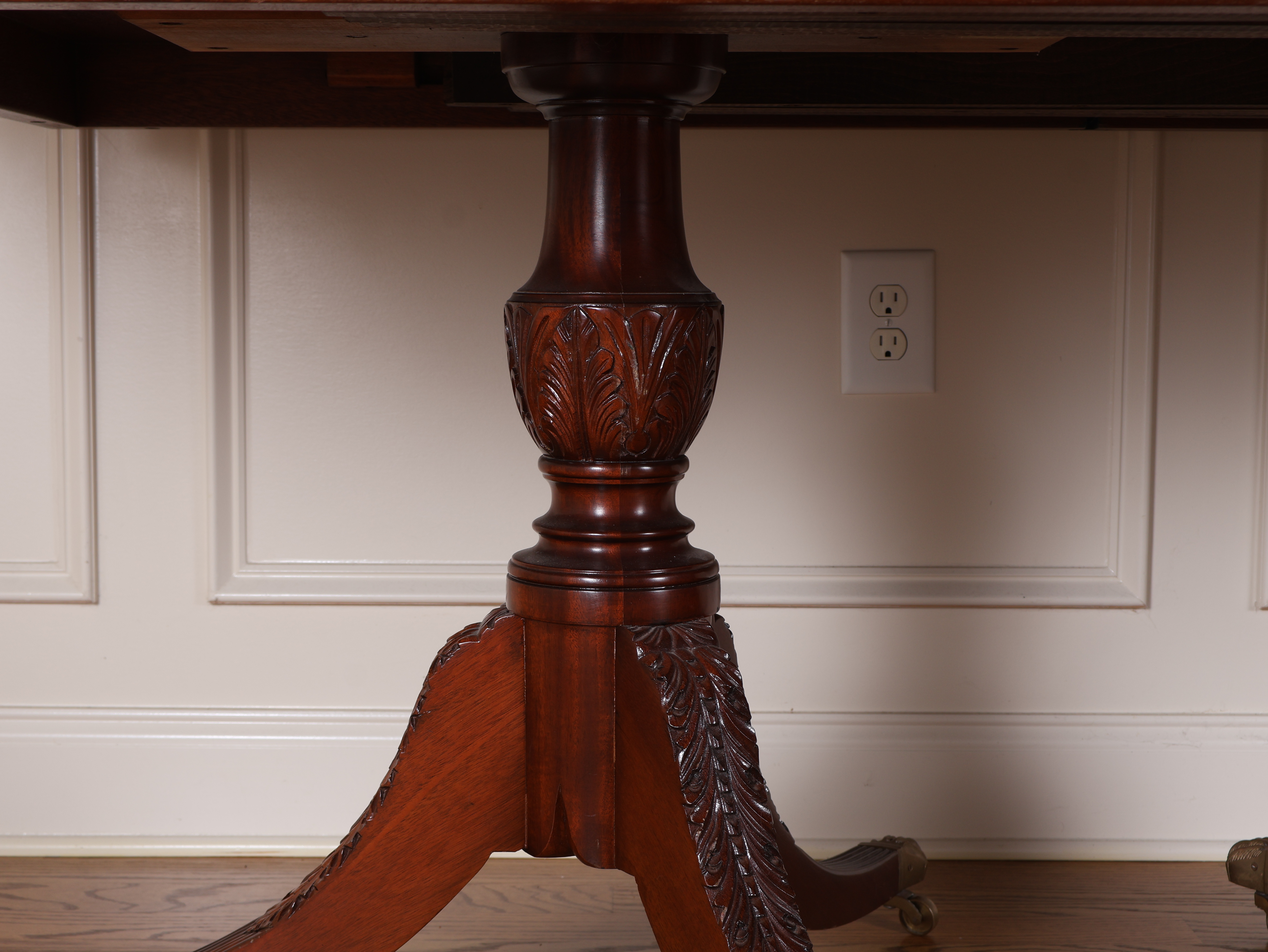 Regency Revival Mahogany Twin Pedestal Dining Table with Two Leaves