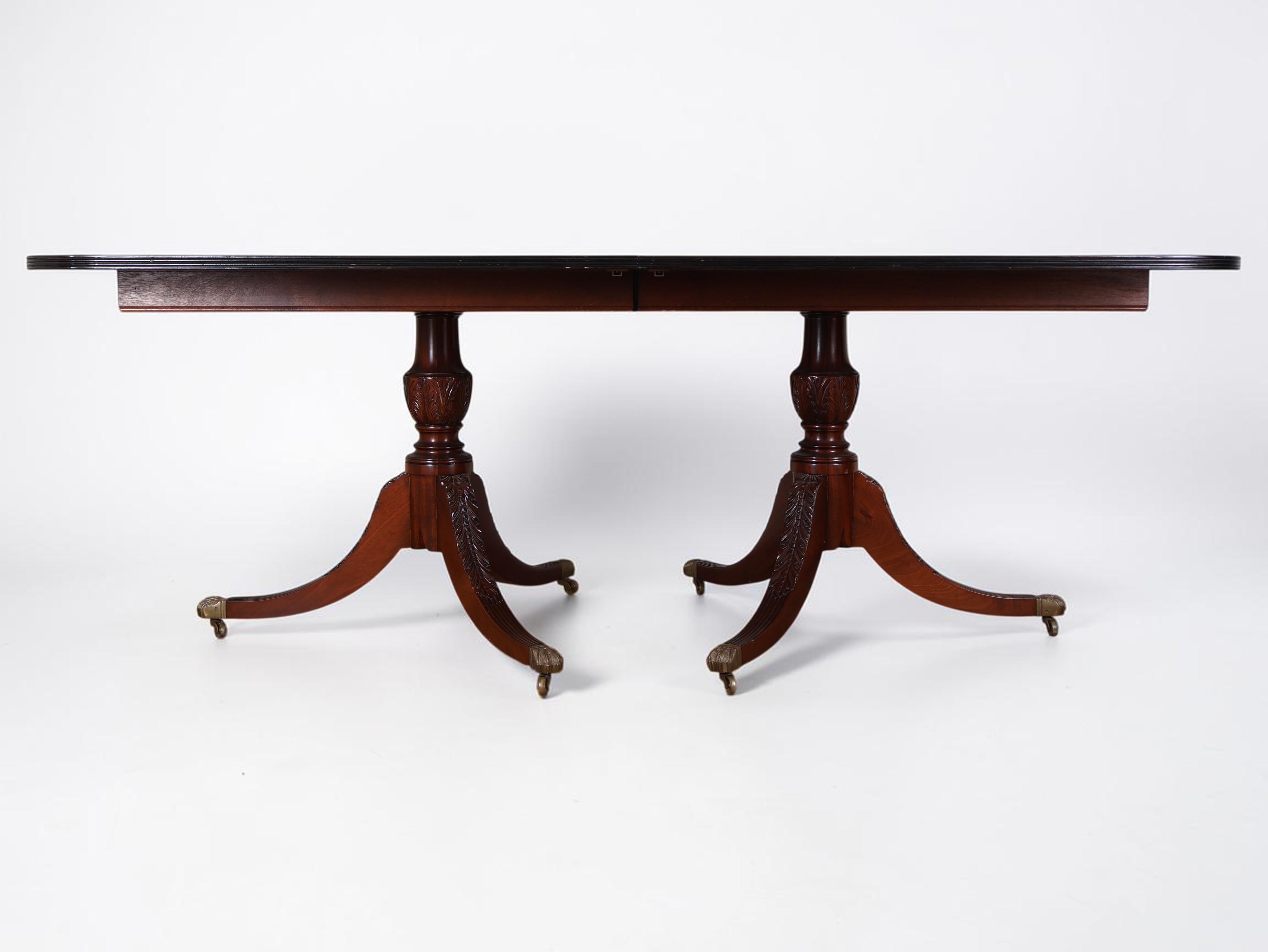 Regency Revival Mahogany Twin Pedestal Dining Table with Two Leaves