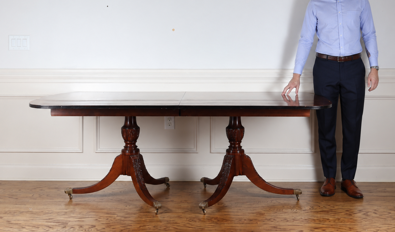 Regency Revival Mahogany Twin Pedestal Dining Table with Two Leaves