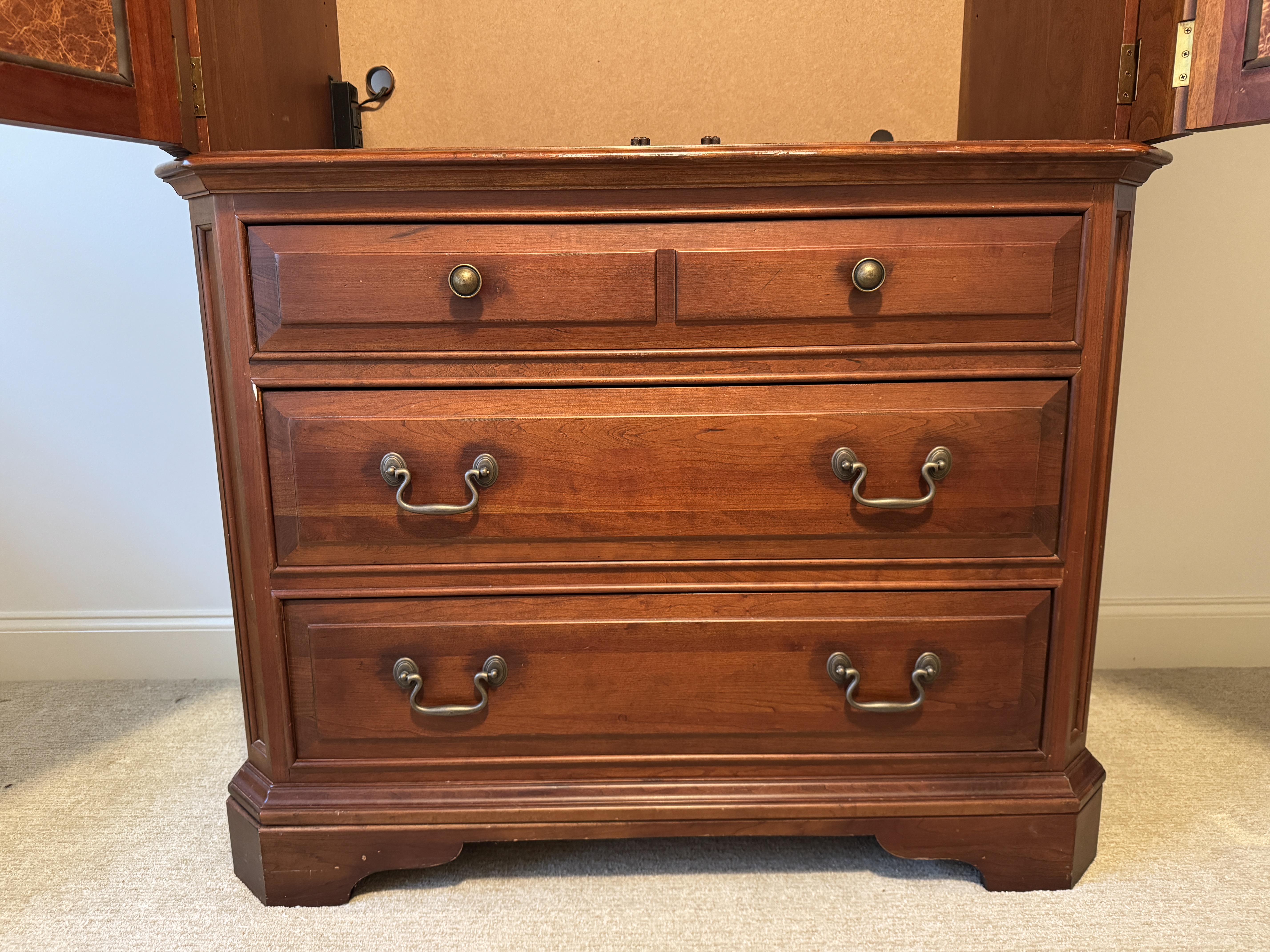 Traditional Colonial Revival Style Two Piece Cherry Entertainment Armoire