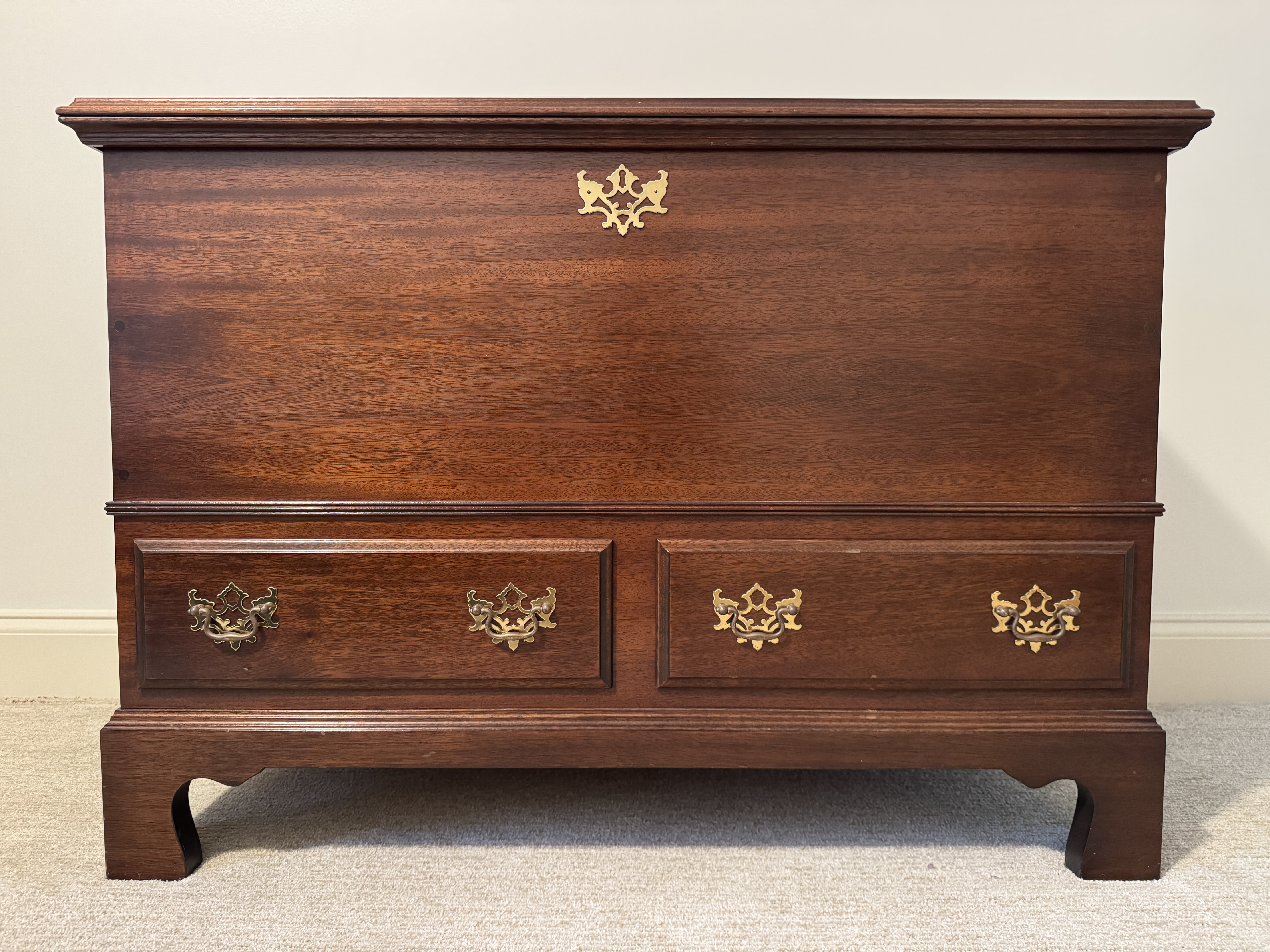 Chippendale Style Mahogany Veneered Cedar Lined Blanket Chest with Two Drawers