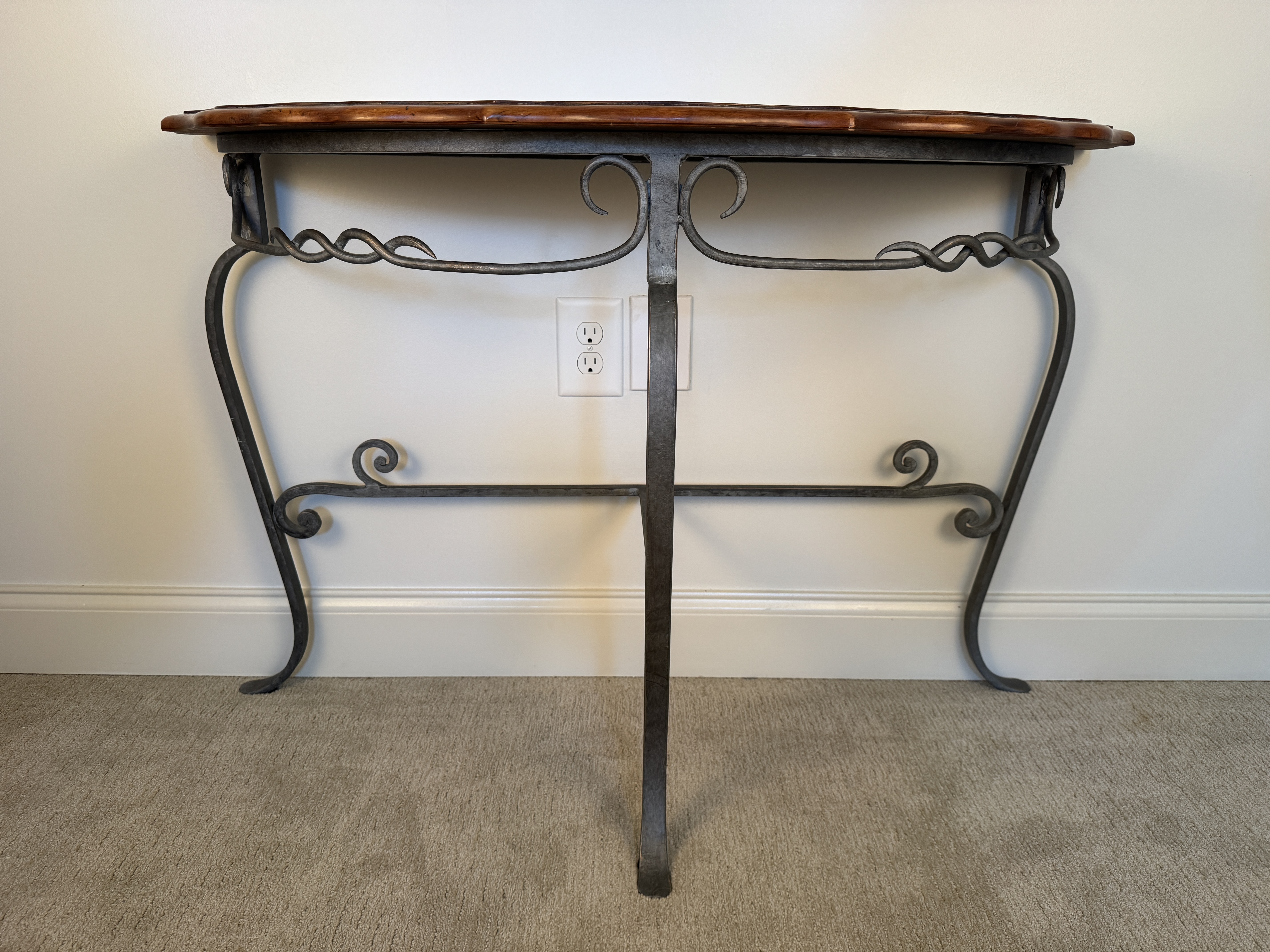 Wrought Iron and Veneer Sunburst Demi-Lune Console Table