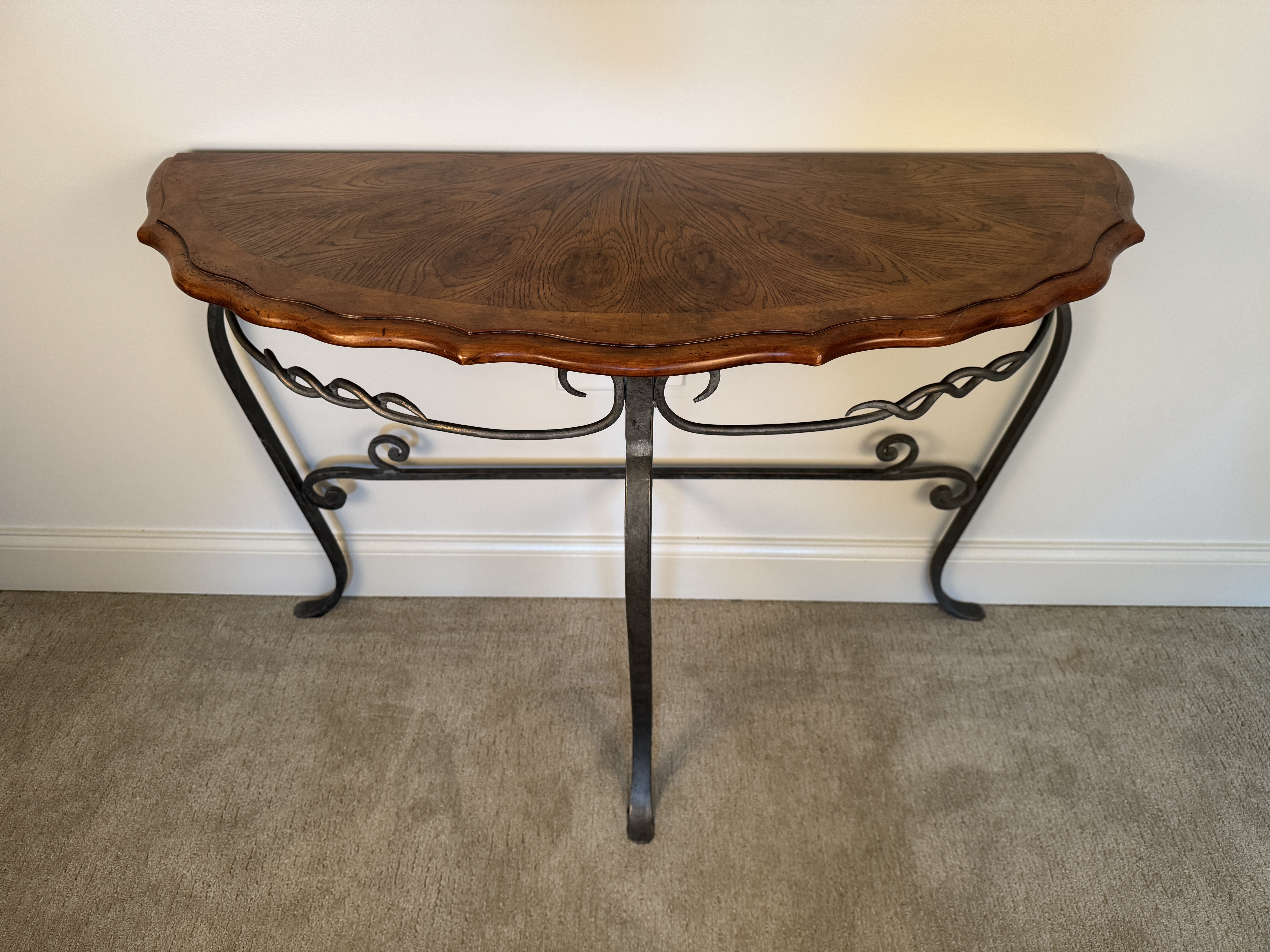 Wrought Iron and Veneer Sunburst Demi-Lune Console Table
