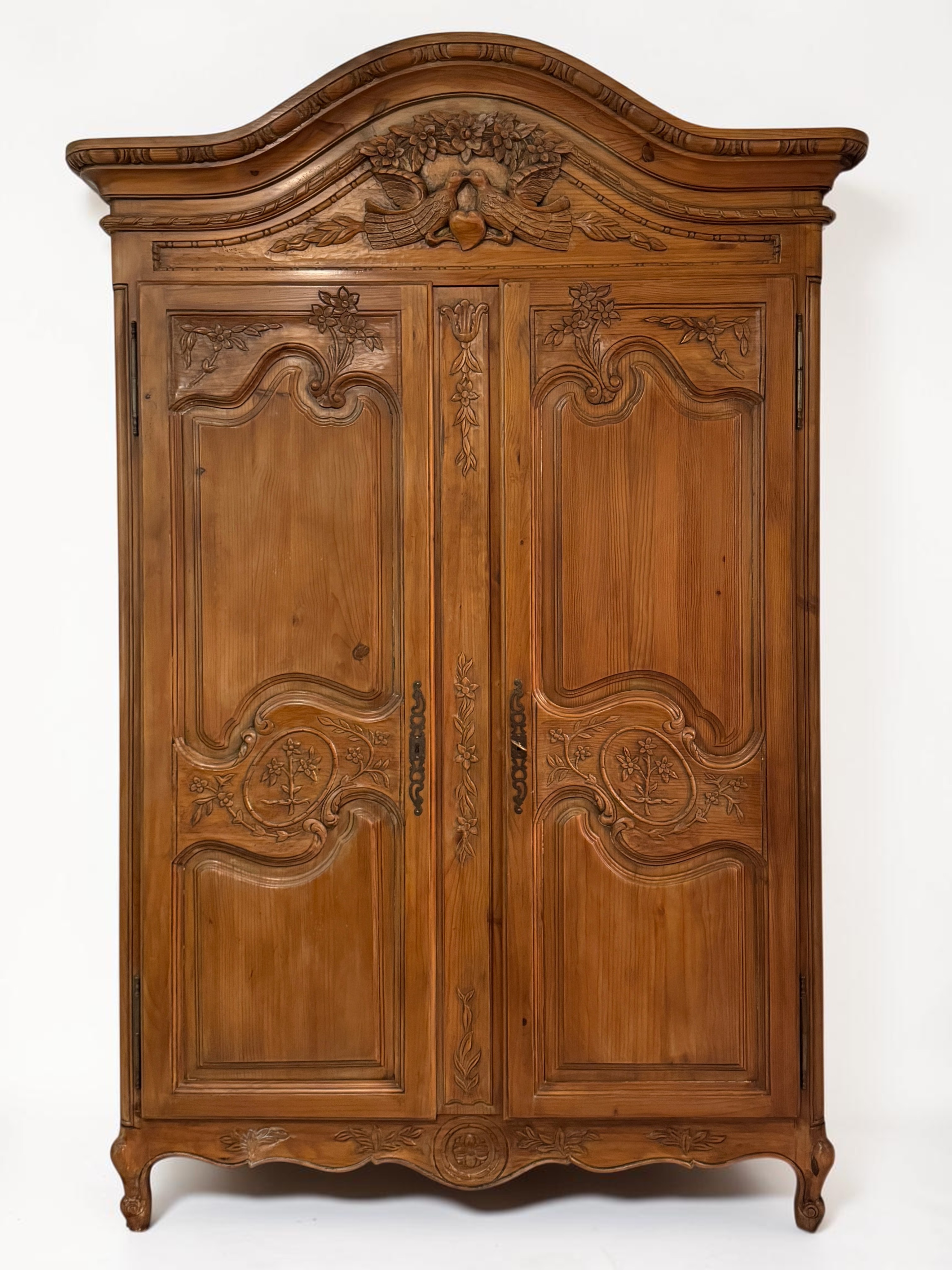 French Provincial Louis XV Style Carved Wood Marriage Armoire