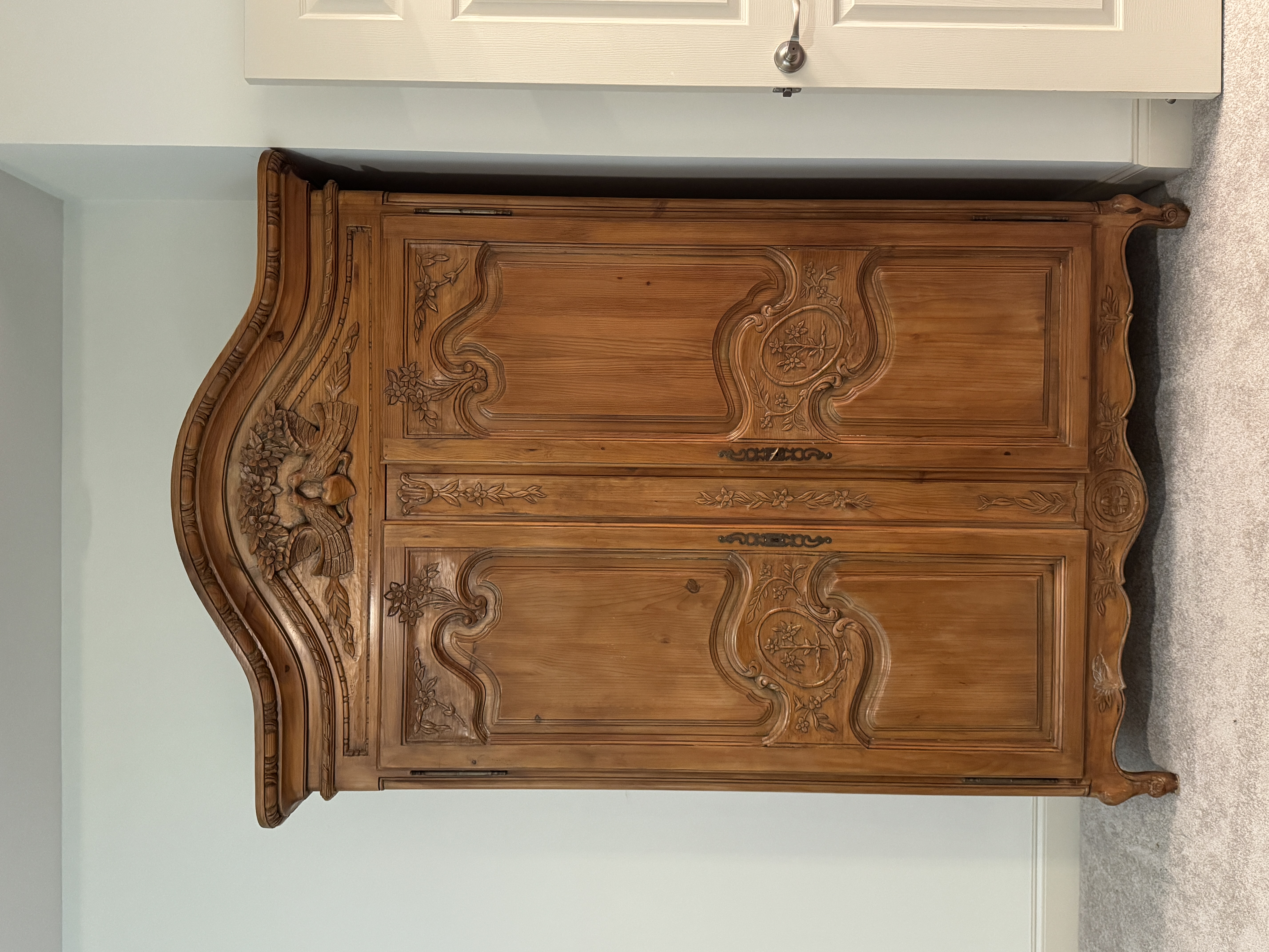 French Provincial Louis XV Style Carved Wood Marriage Armoire