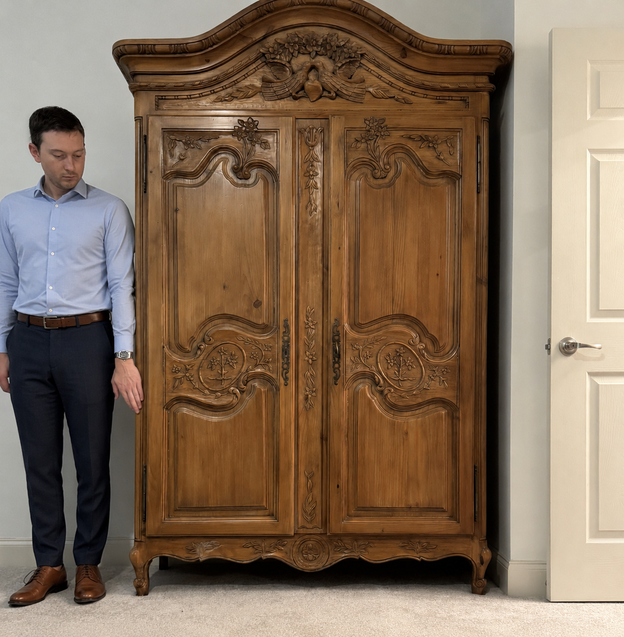 French Provincial Louis XV Style Carved Wood Marriage Armoire