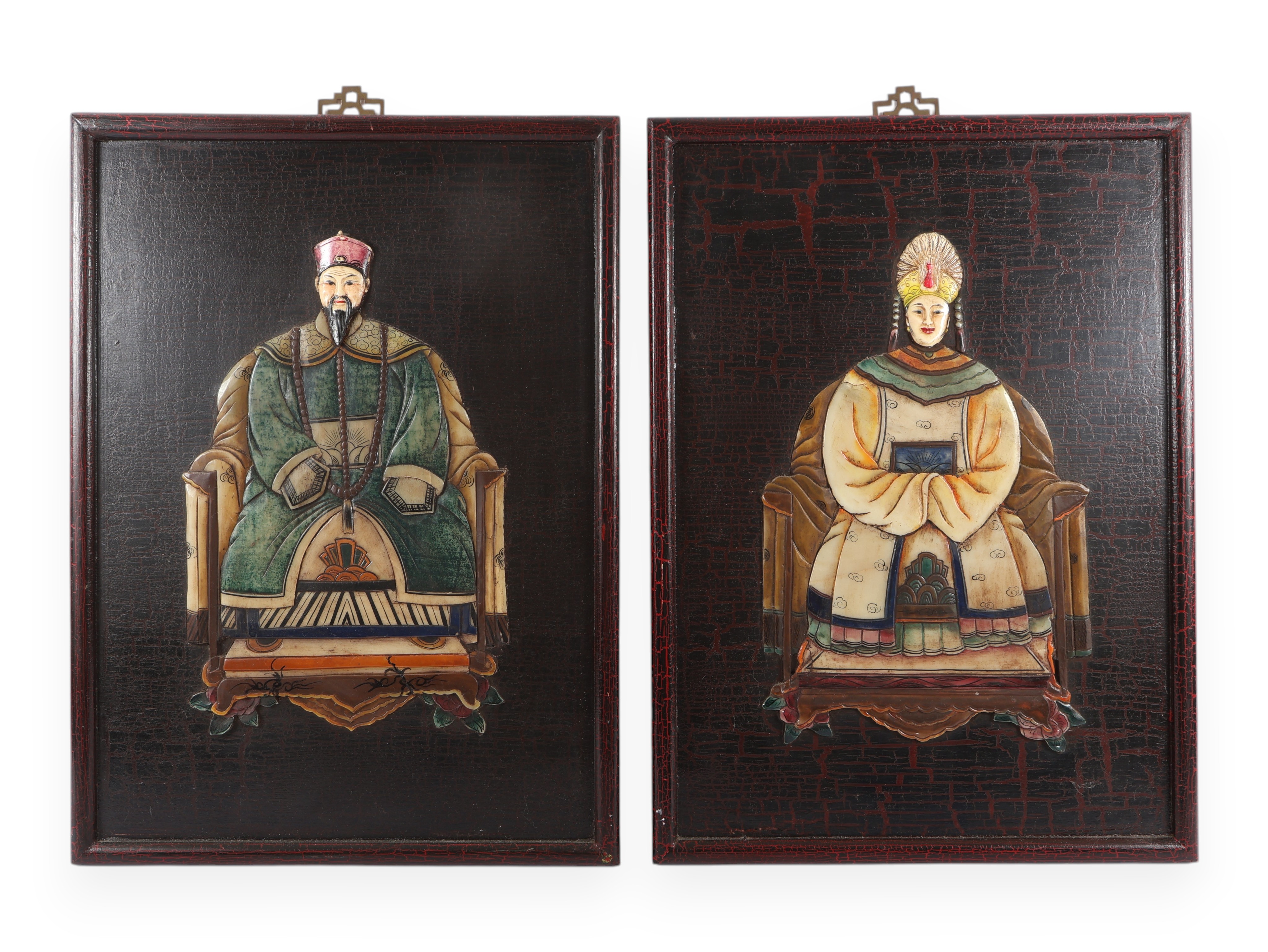 A Pair of Chinese Relief Panels depicting 'Seated Ancestors'