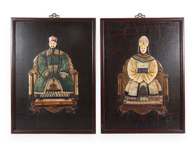 A Pair of Chinese Relief Panels depicting 'Seated Ancestors'. A pair of Chinese decorative 