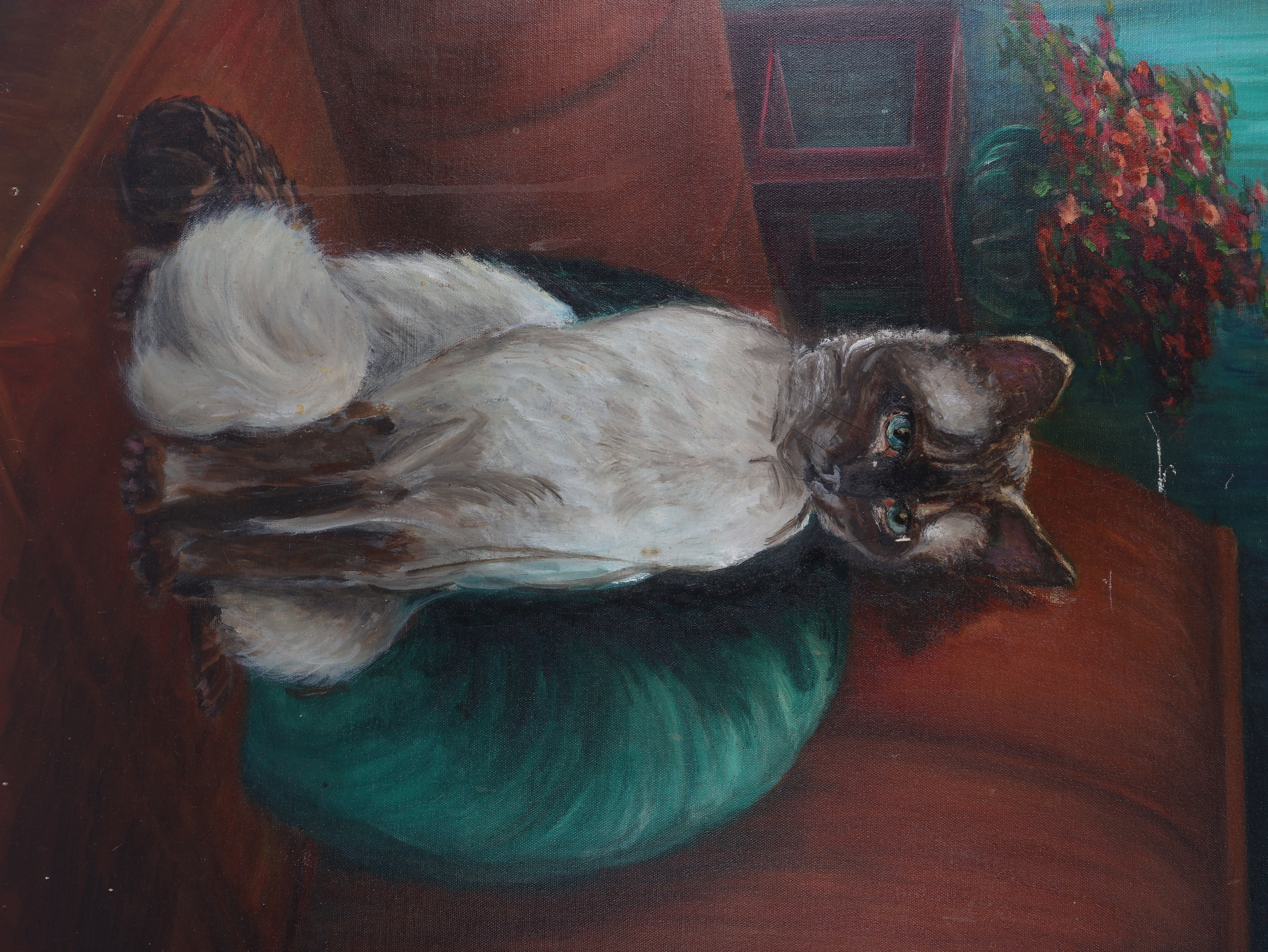 Mid-20th Century Original Oil on Canvas Portrait of a Siamese Cat