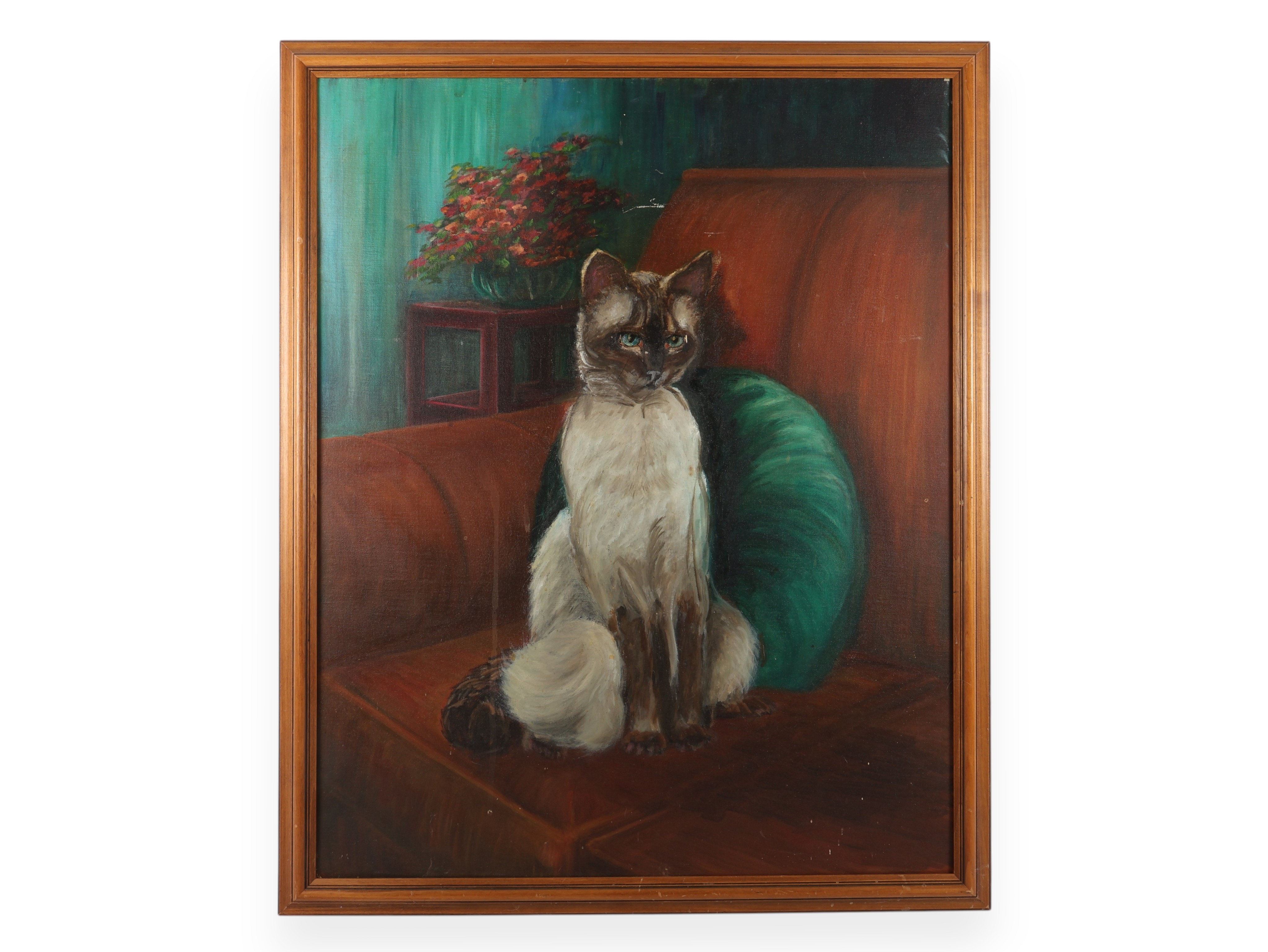 Mid-20th Century Original Oil on Canvas Portrait of a Siamese Cat