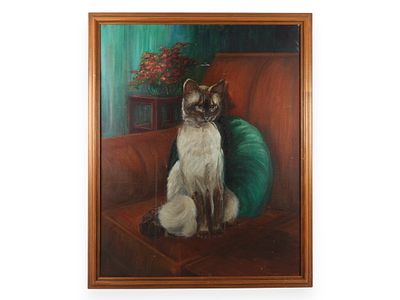 Mid-20th Century Original Oil on Canvas Portrait of a Siamese Cat. Original mid-20th-century oil 