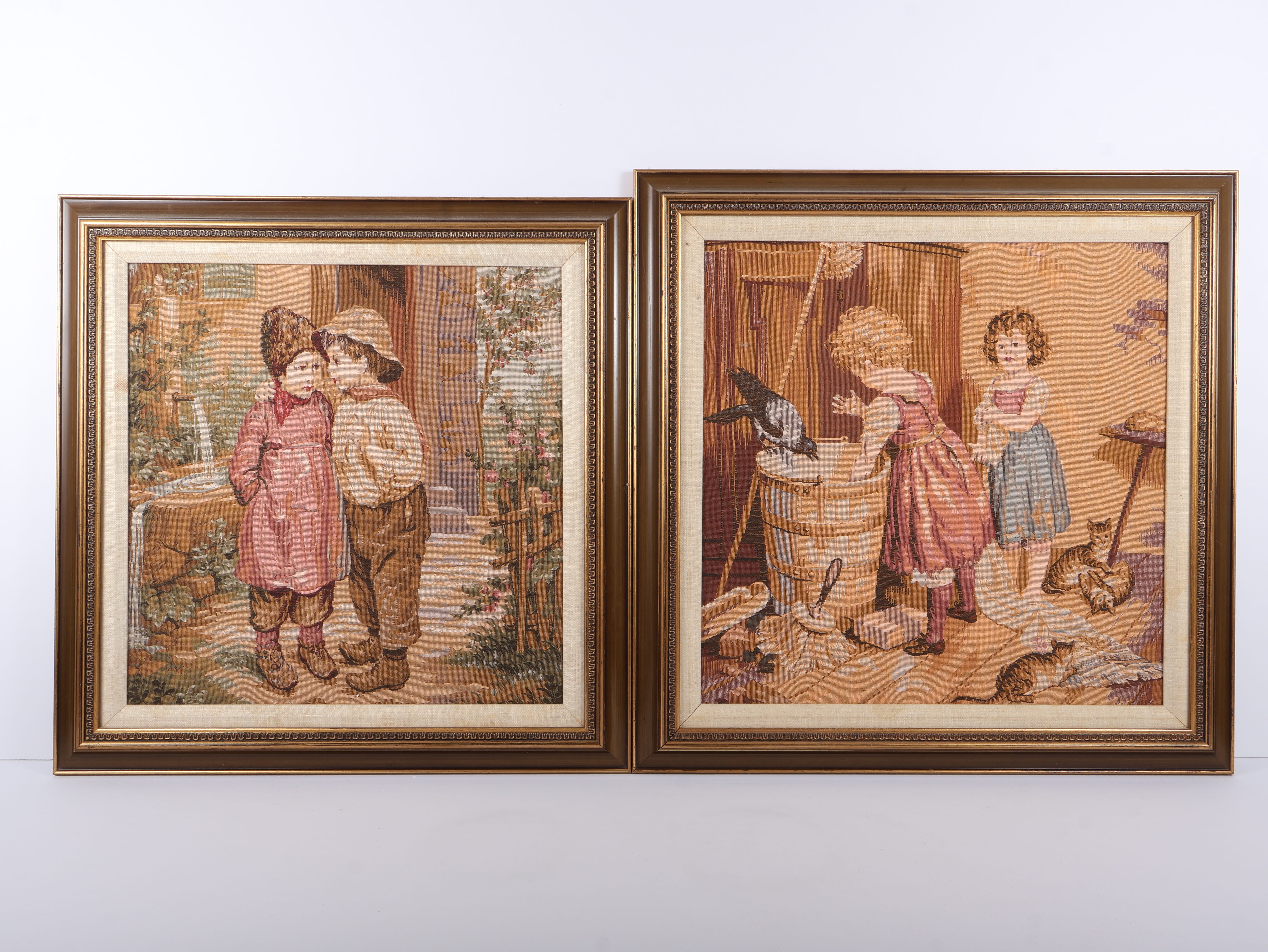 A Pair of Framed Machine Woven French Genre Scene Tapestries Depicting Children
