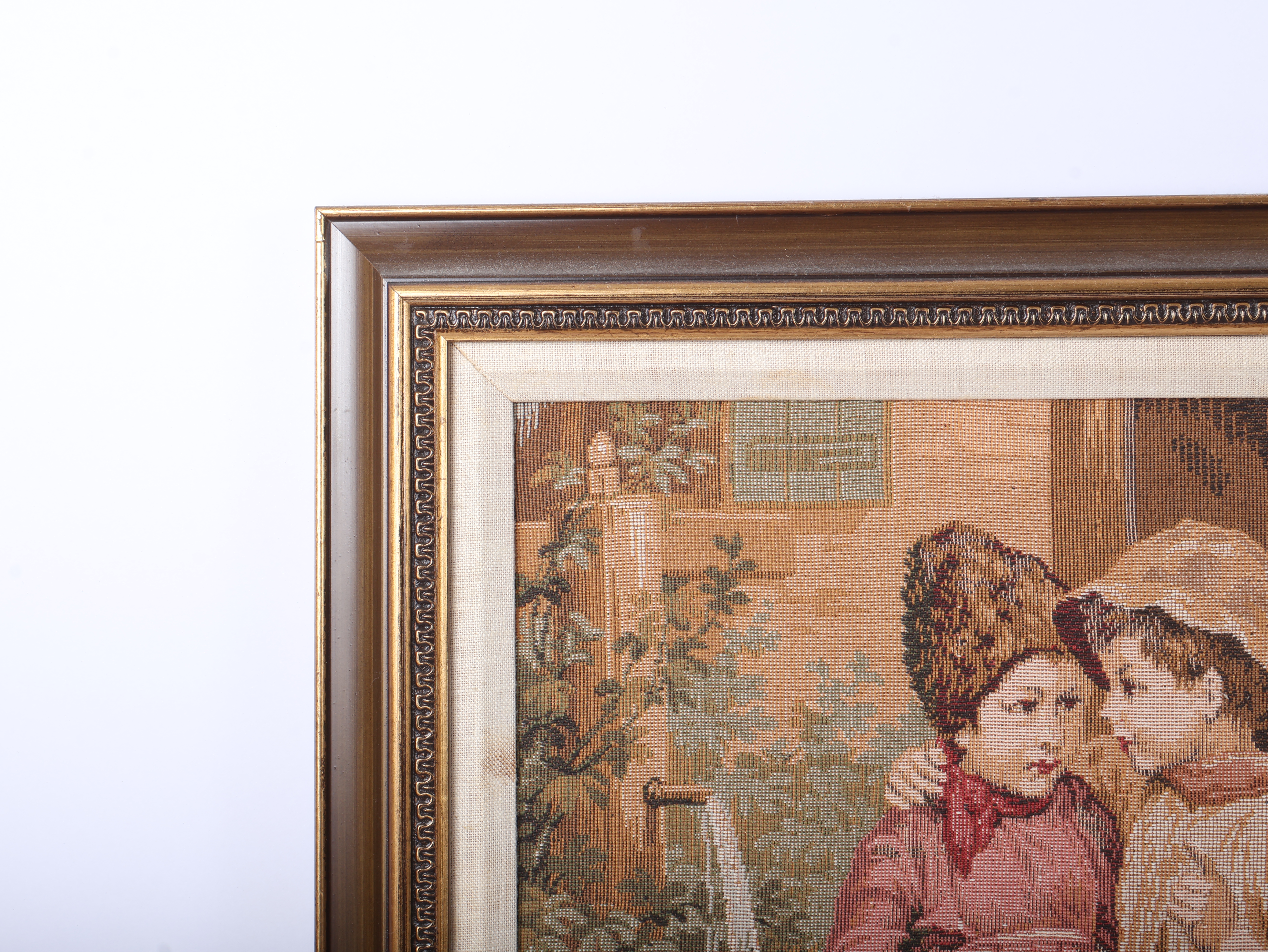 A Pair of Framed Machine Woven French Genre Scene Tapestries Depicting Children