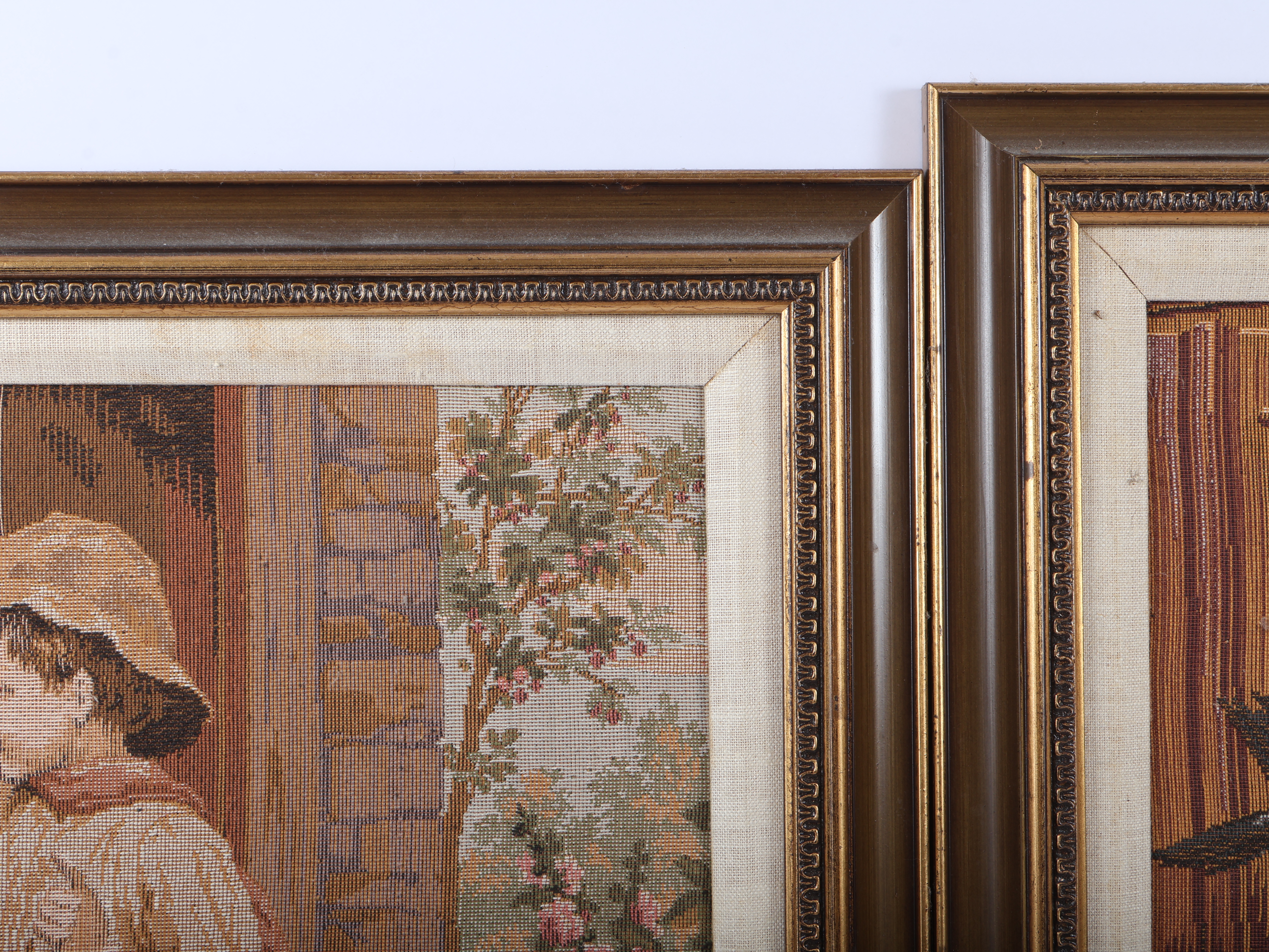 A Pair of Framed Machine Woven French Genre Scene Tapestries Depicting Children