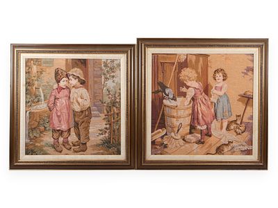 A Pair of Framed Machine Woven French Genre Scene Tapestries Depicting Children. This is a pair 