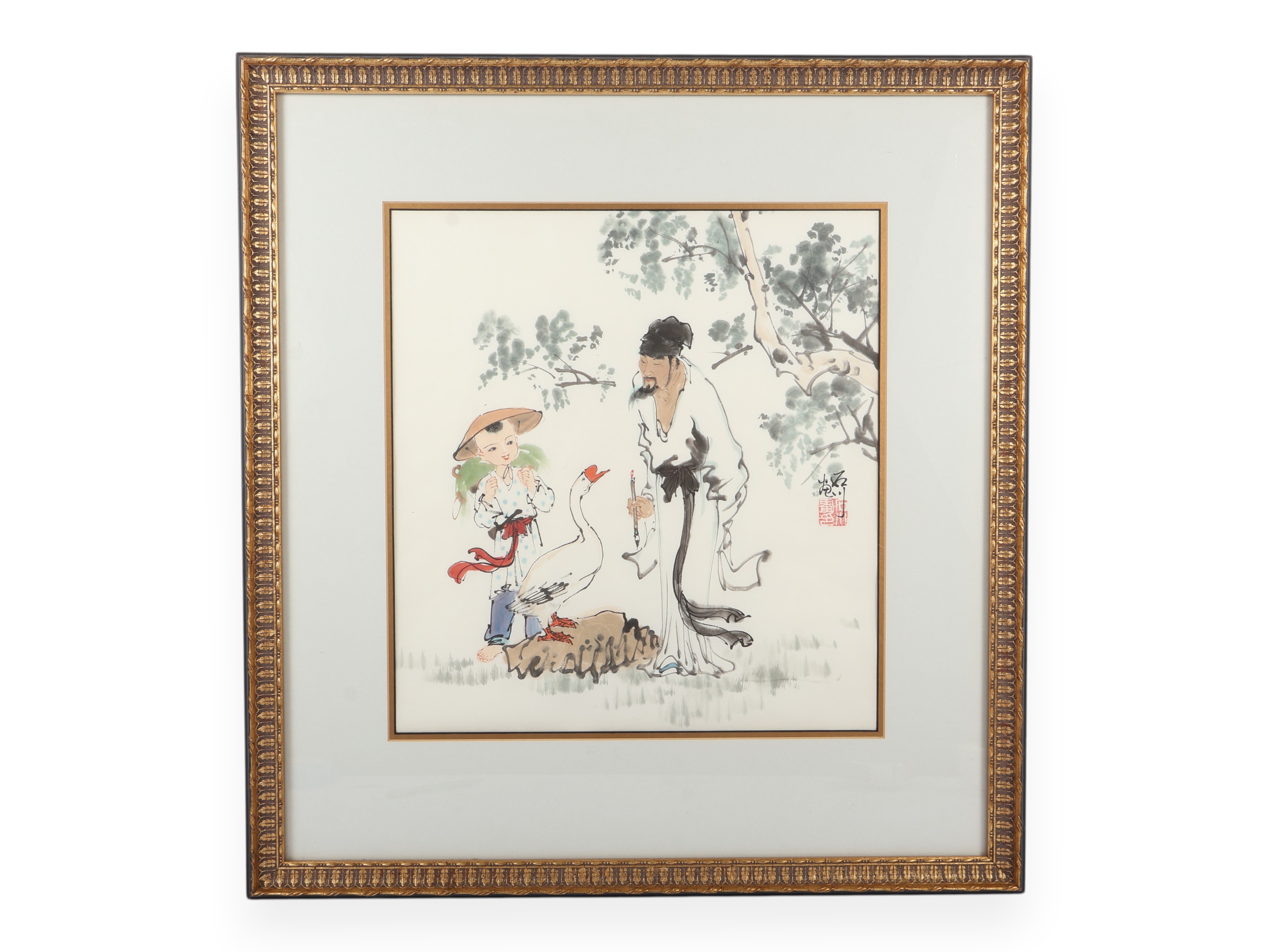 Fan Zeng Chinese b. 1938 Scholar and Goose Ink and Color Painting