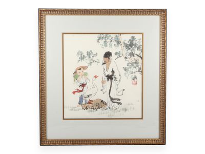 Fan Zeng Chinese b. 1938 Scholar and Goose Ink and Color Painting. A framed Chinese ink and 