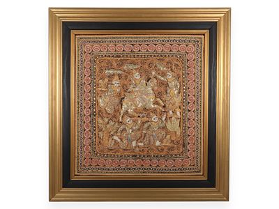 Framed Burmese Kalaga Shwe Chi Doe Narrative Tapestry. This square format textile is a 