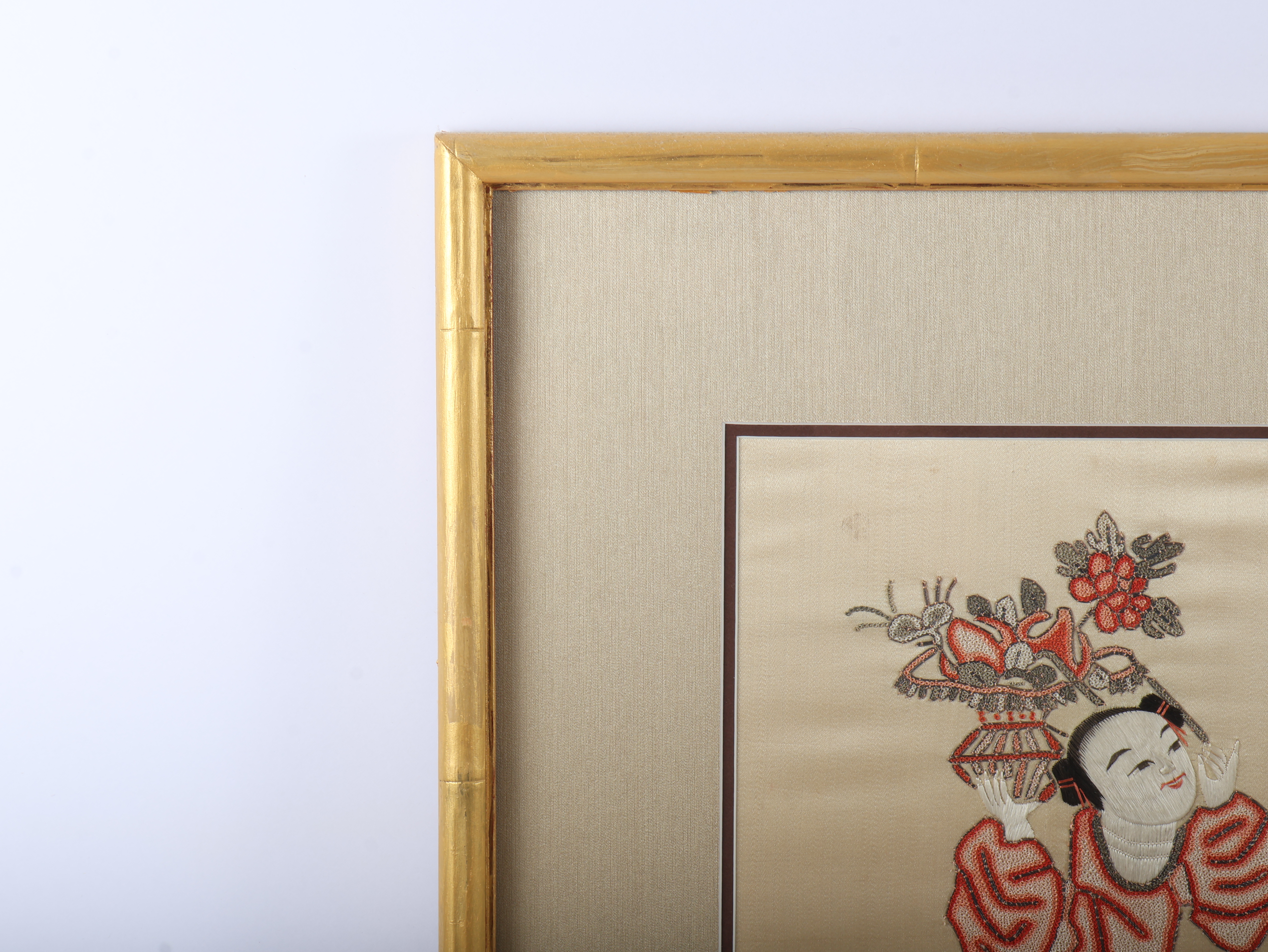 A Pair of Chinese Gilded Framed Silk Embroideries of Immortals