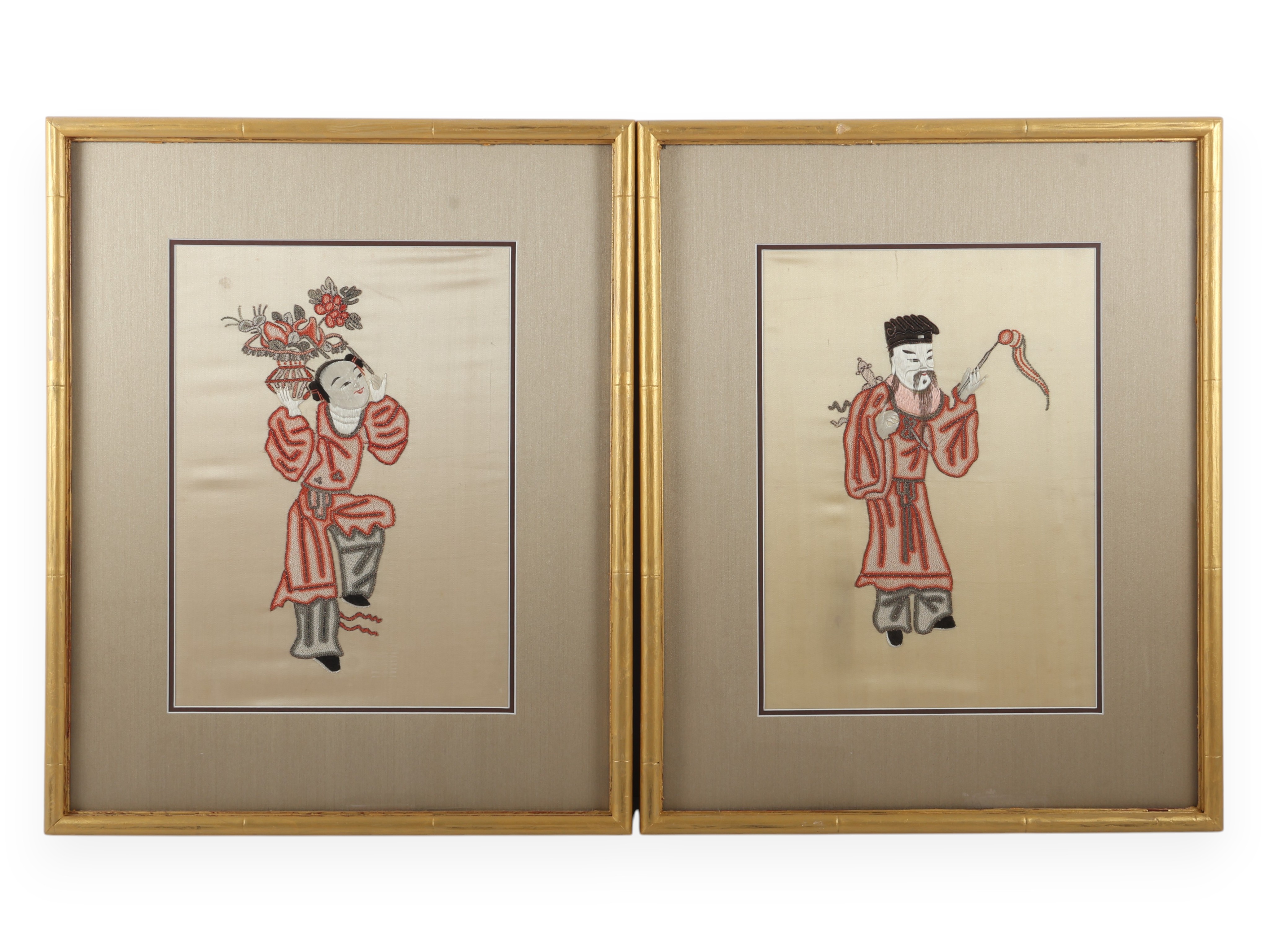 A Pair of Chinese Gilded Framed Silk Embroideries of Immortals