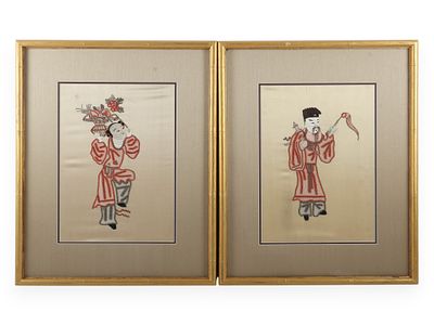 A Pair of Chinese Gilded Framed Silk Embroideries of Immortals. This is a matching pair of 