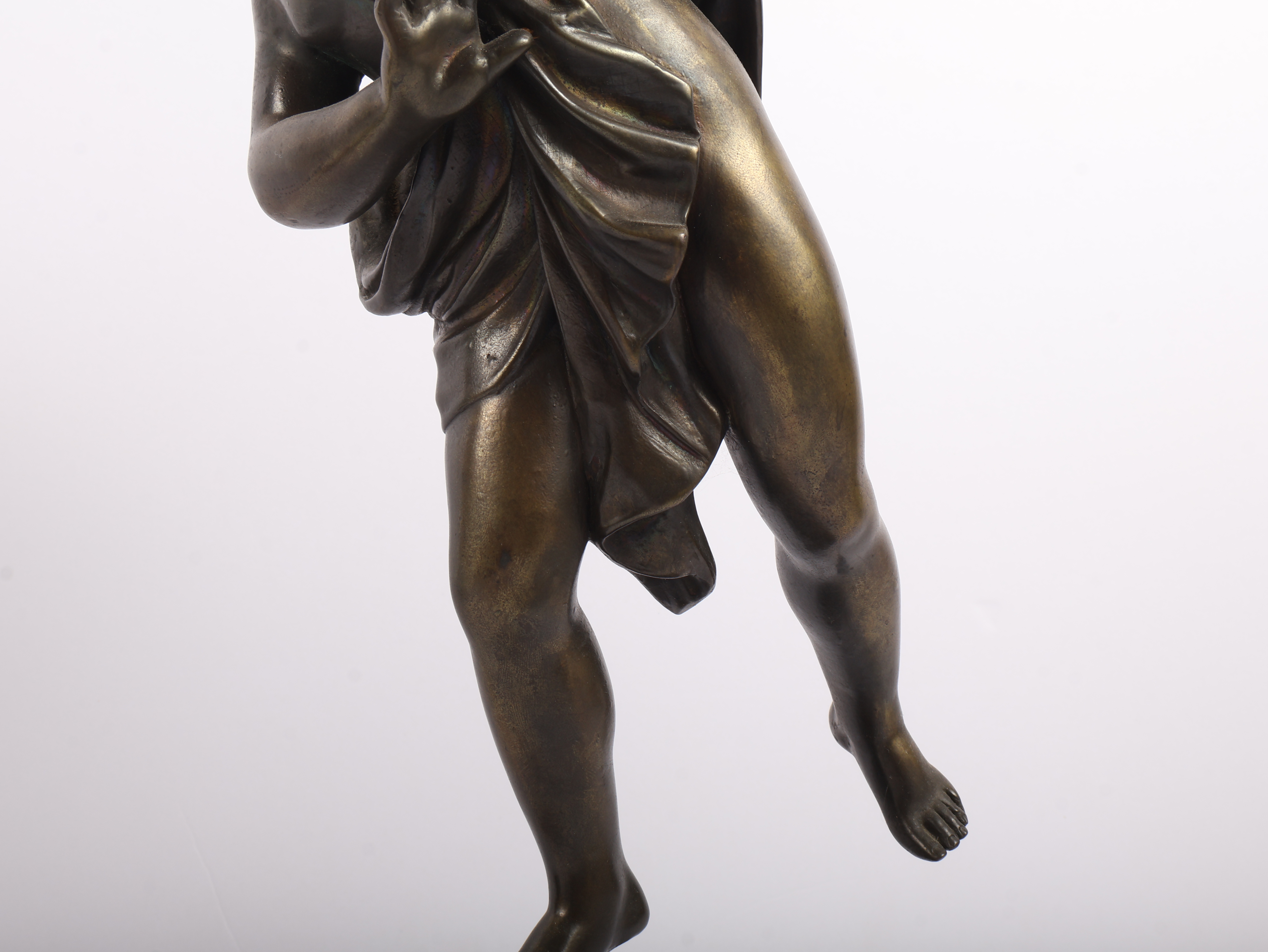 A Pair of Neoclassical Style Patinated Metal Figures of Cherubs on Ebonized Plinths