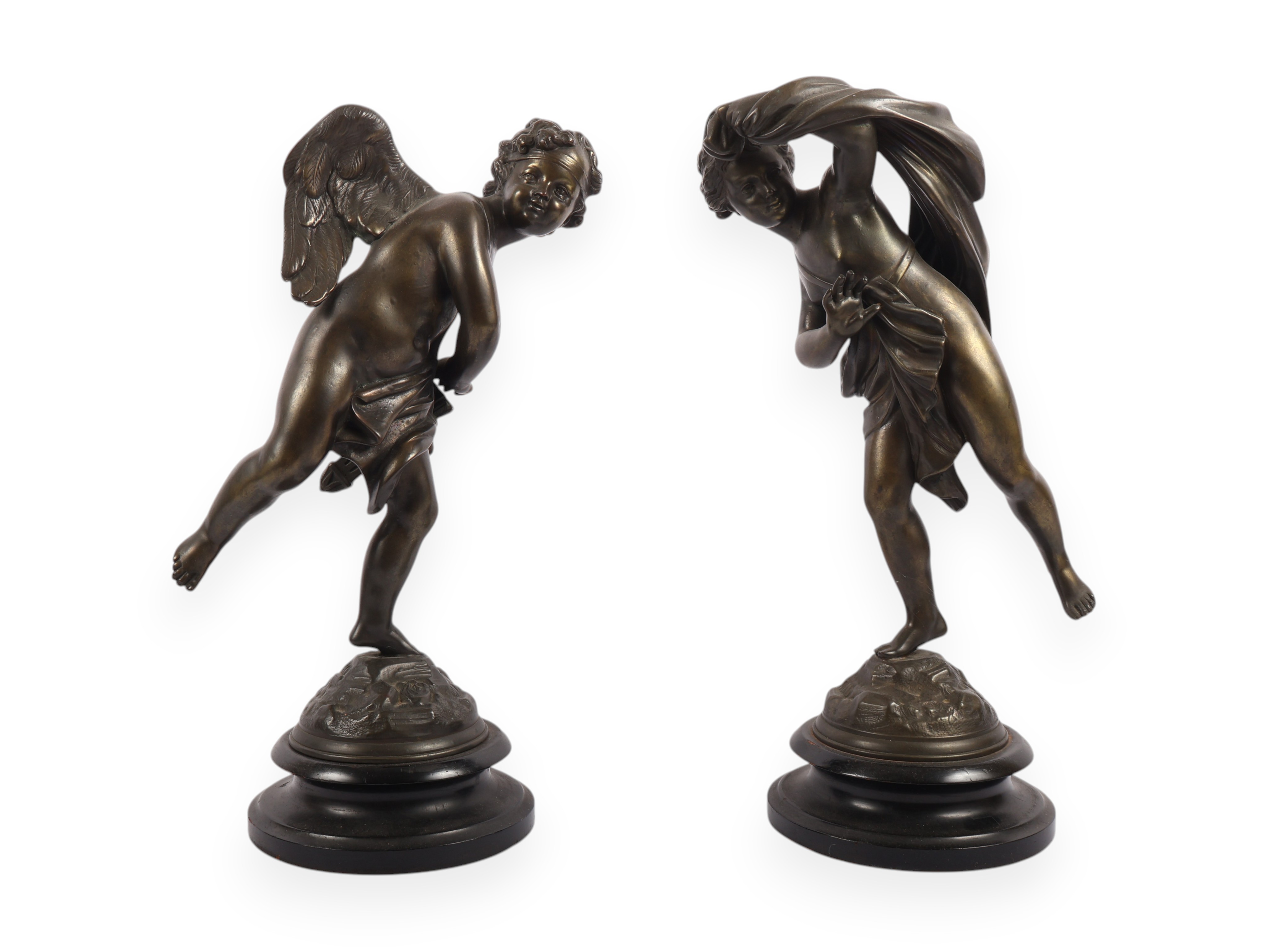 A Pair of Neoclassical Style Patinated Metal Figures of Cherubs on Ebonized Plinths