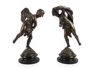A Pair of Neoclassical Style Patinated Metal Figures of Cherubs on Ebonized Plinths. A pair of 