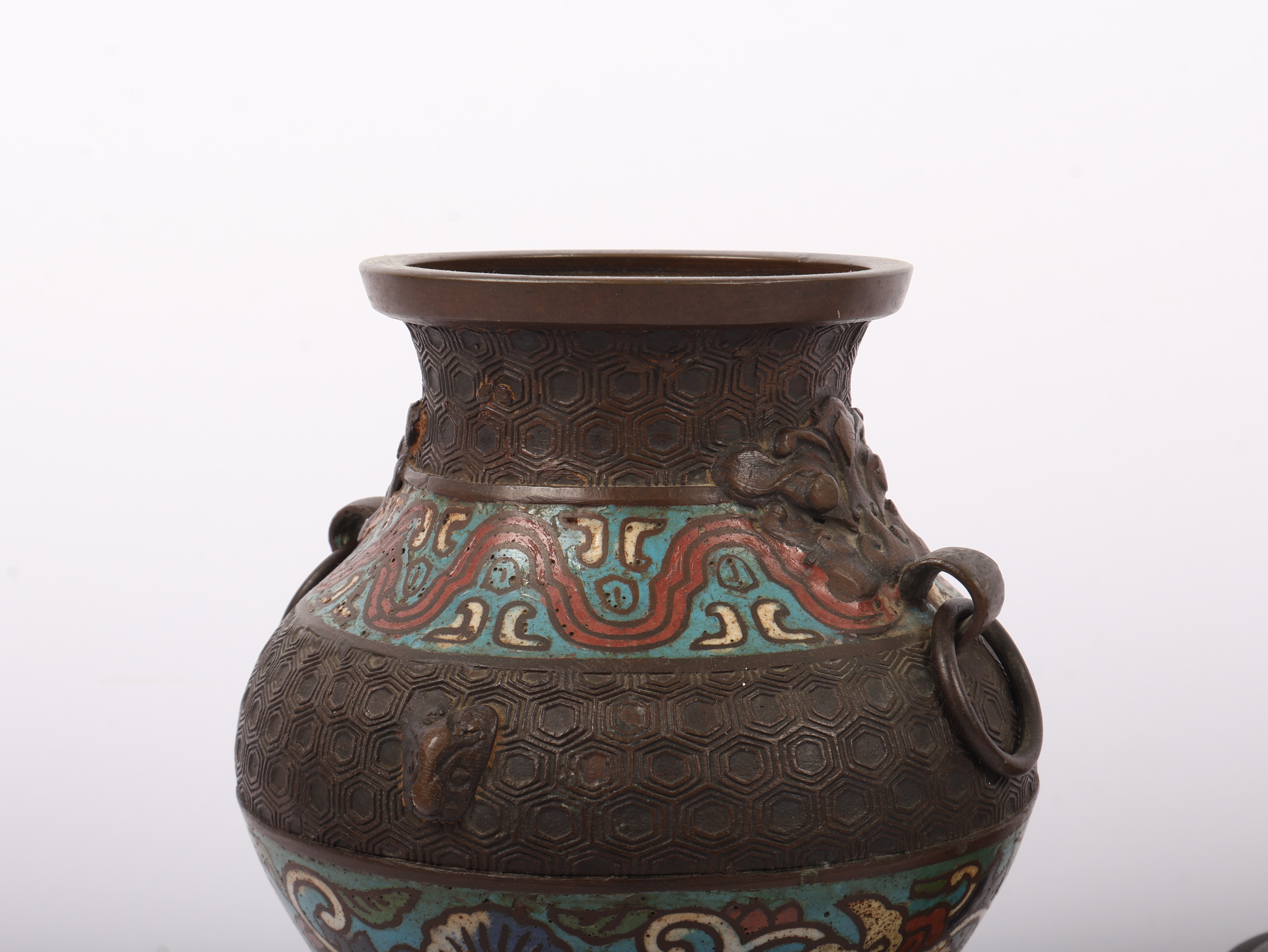 Three Japanese Bronze and Champleve Enamel Export Vessels