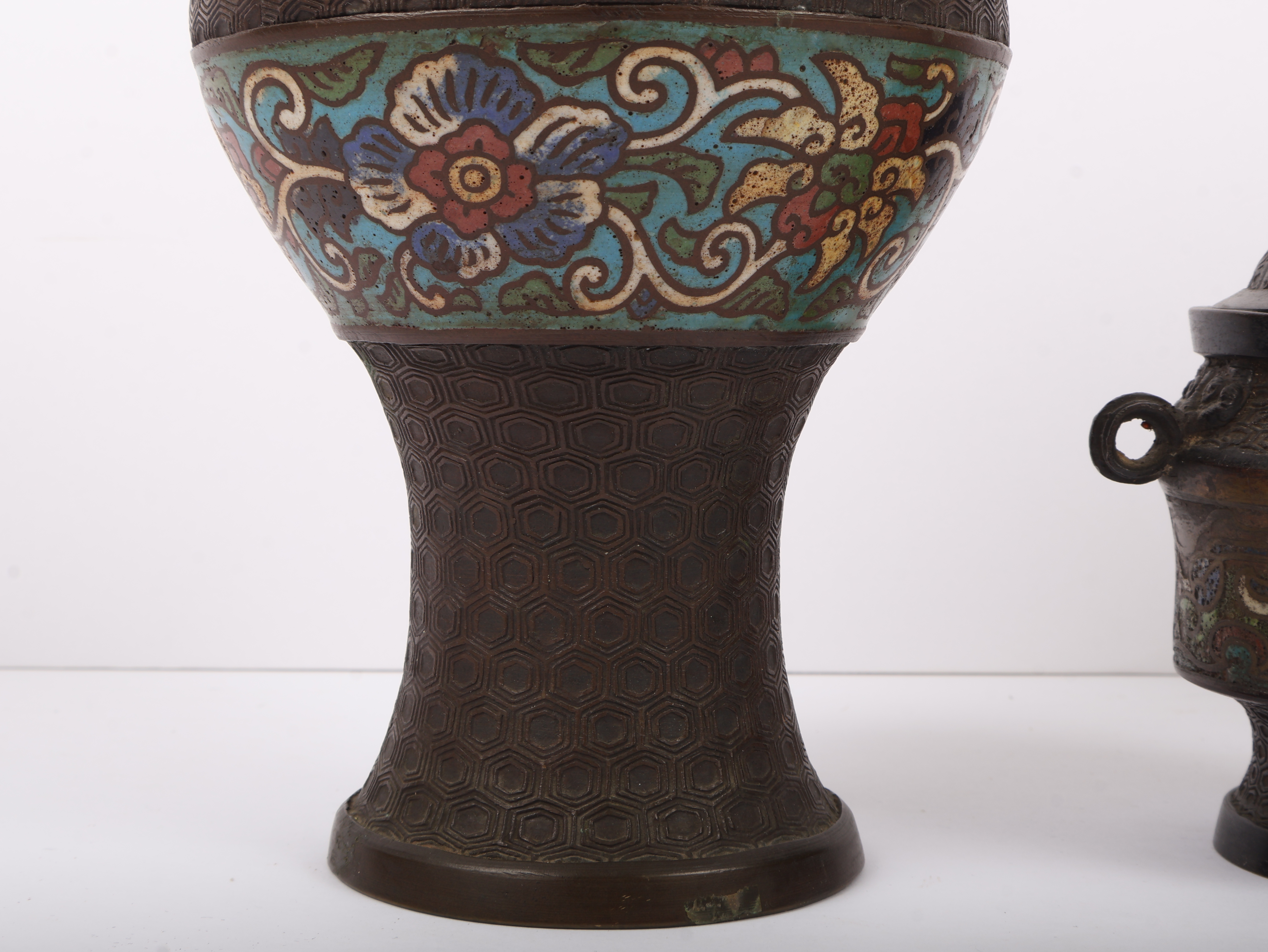 Three Japanese Bronze and Champleve Enamel Export Vessels