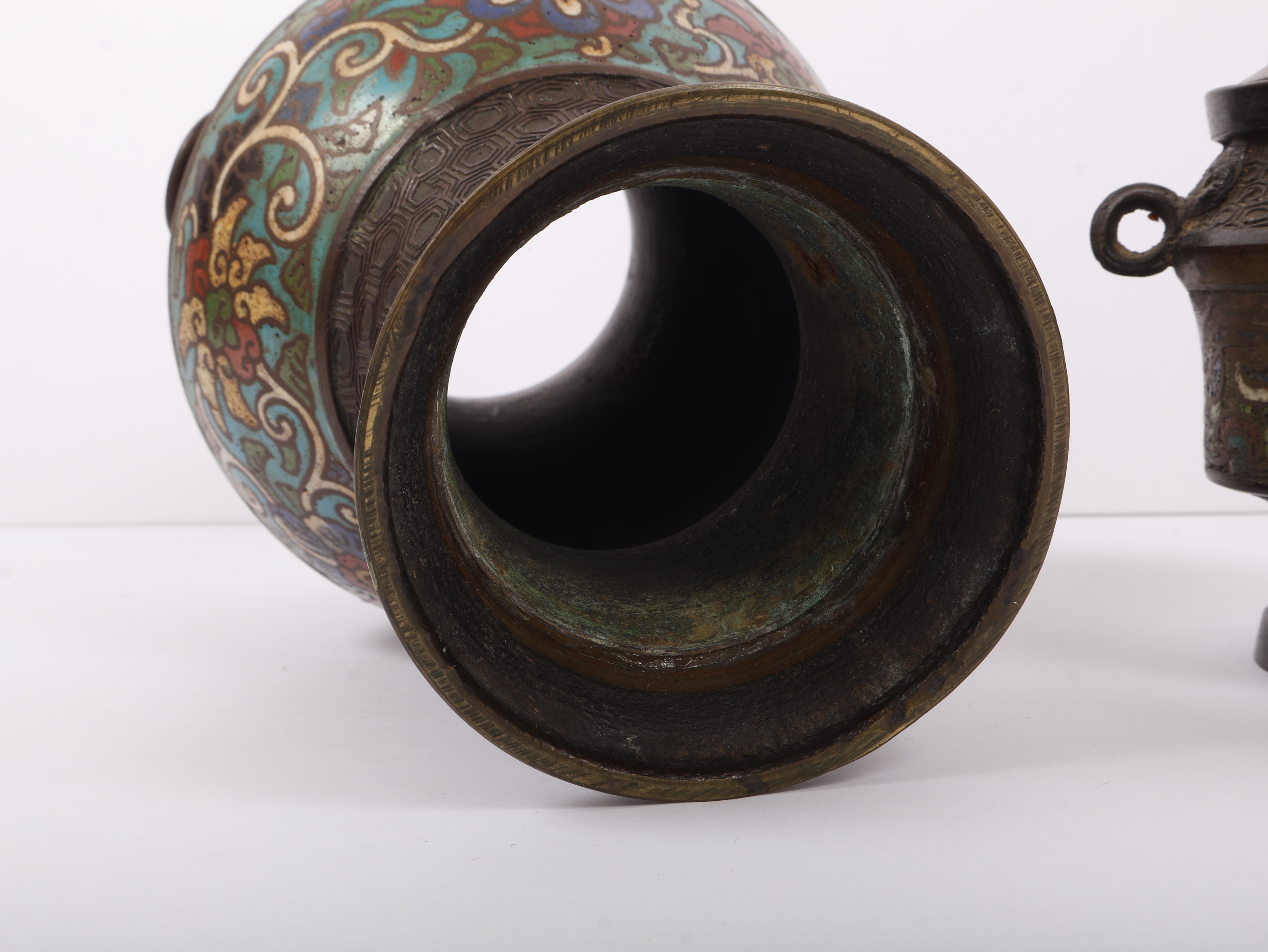 Three Japanese Bronze and Champleve Enamel Export Vessels