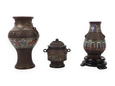 Three Japanese Bronze and Champleve Enamel Export Vessels. A collection of three Japanese export 