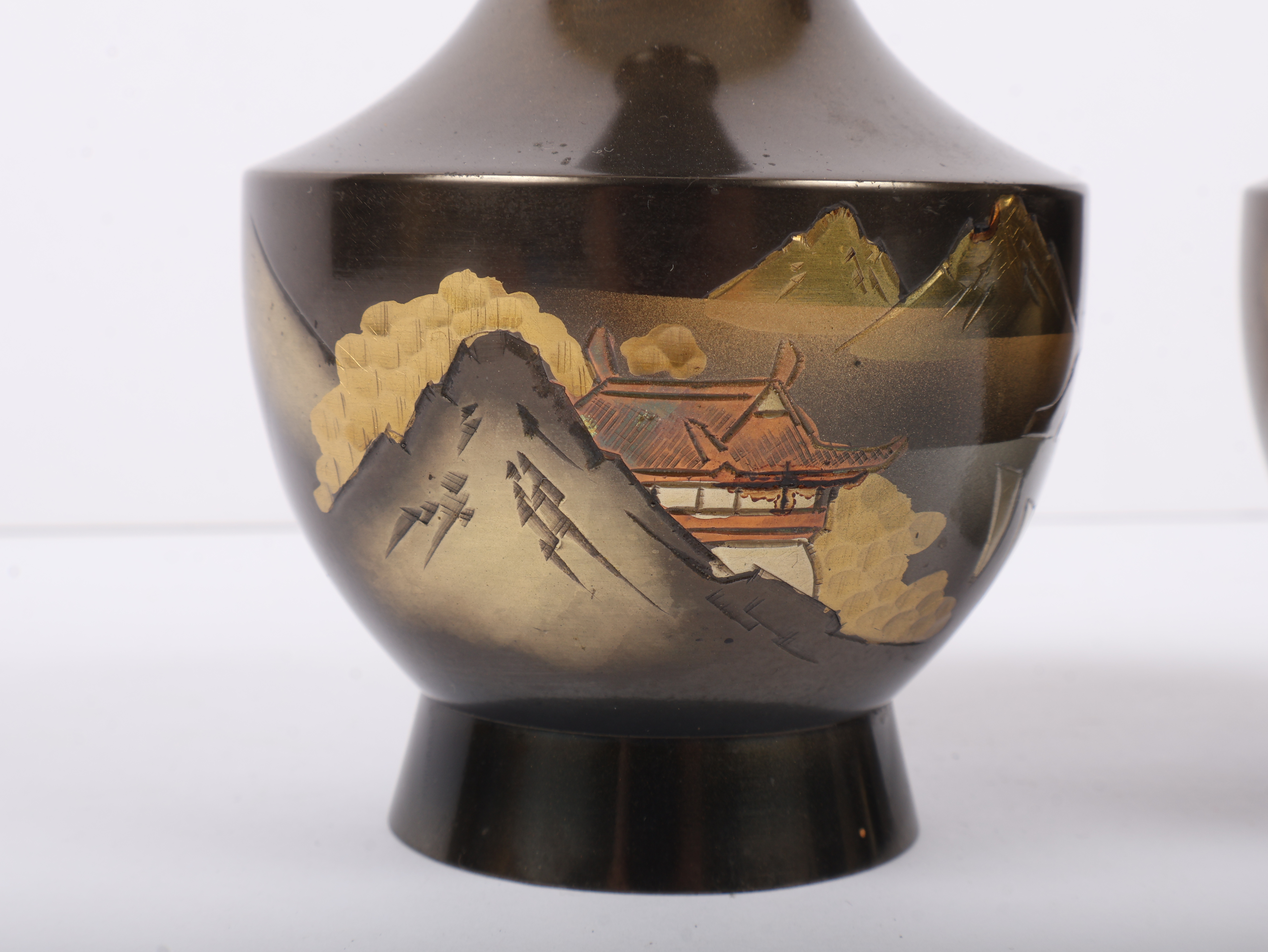A Pair of Japanese Mixed Metal Chokin Vases with Landscape Decoration