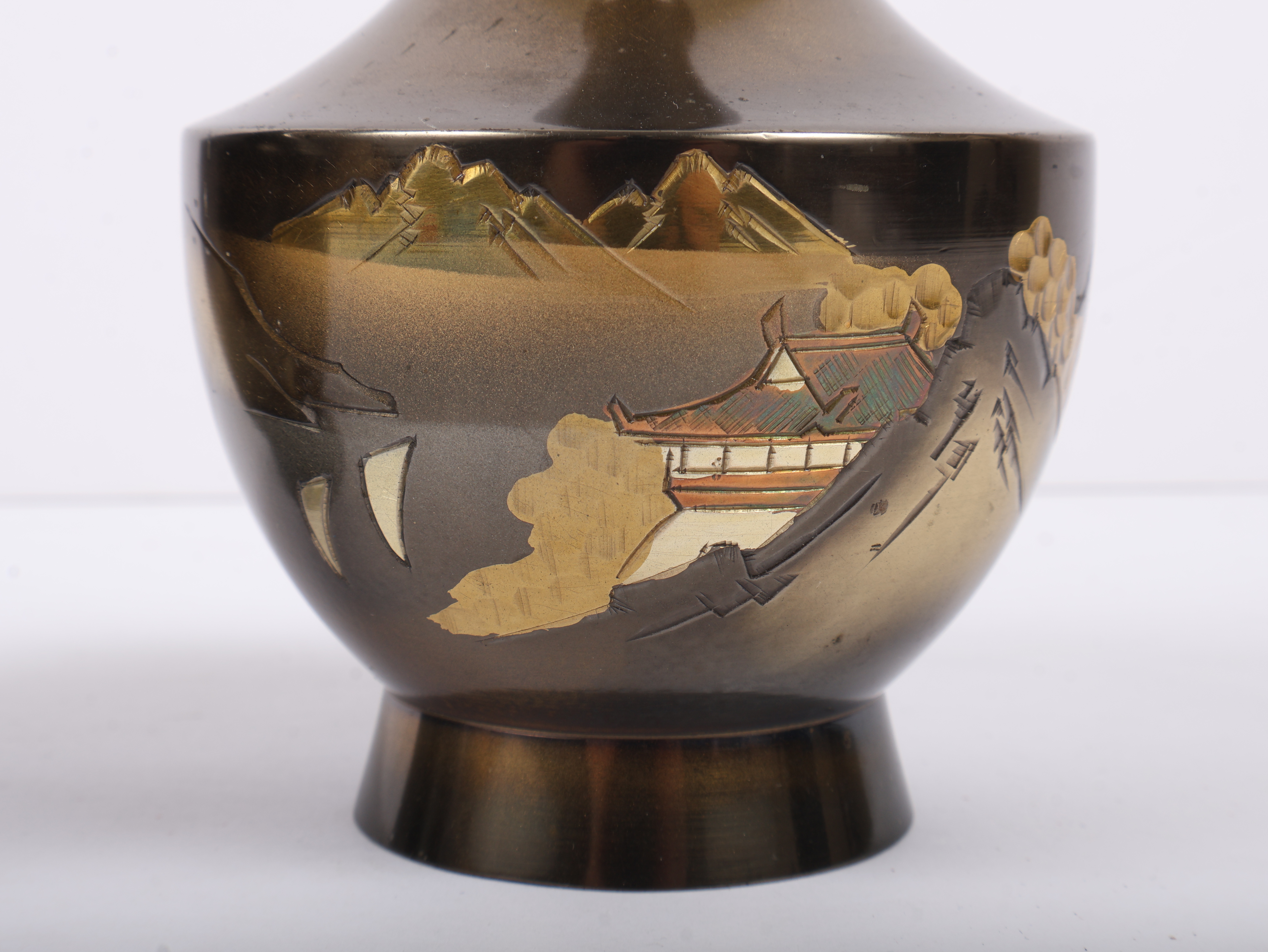 A Pair of Japanese Mixed Metal Chokin Vases with Landscape Decoration