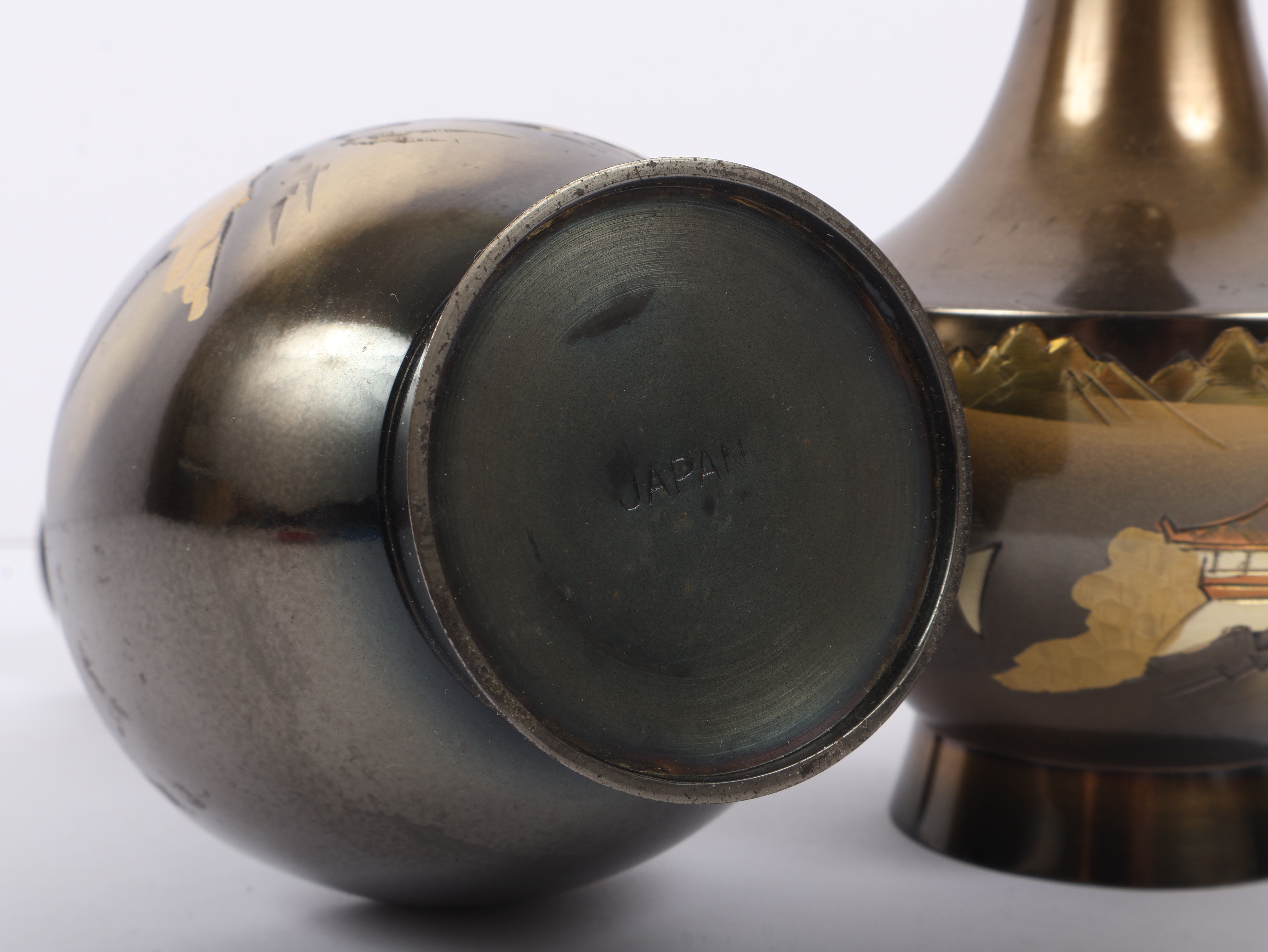 A Pair of Japanese Mixed Metal Chokin Vases with Landscape Decoration