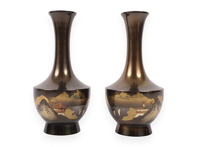 A Pair of Japanese Mixed Metal Chokin Vases with Landscape Decoration. This matching pair of 